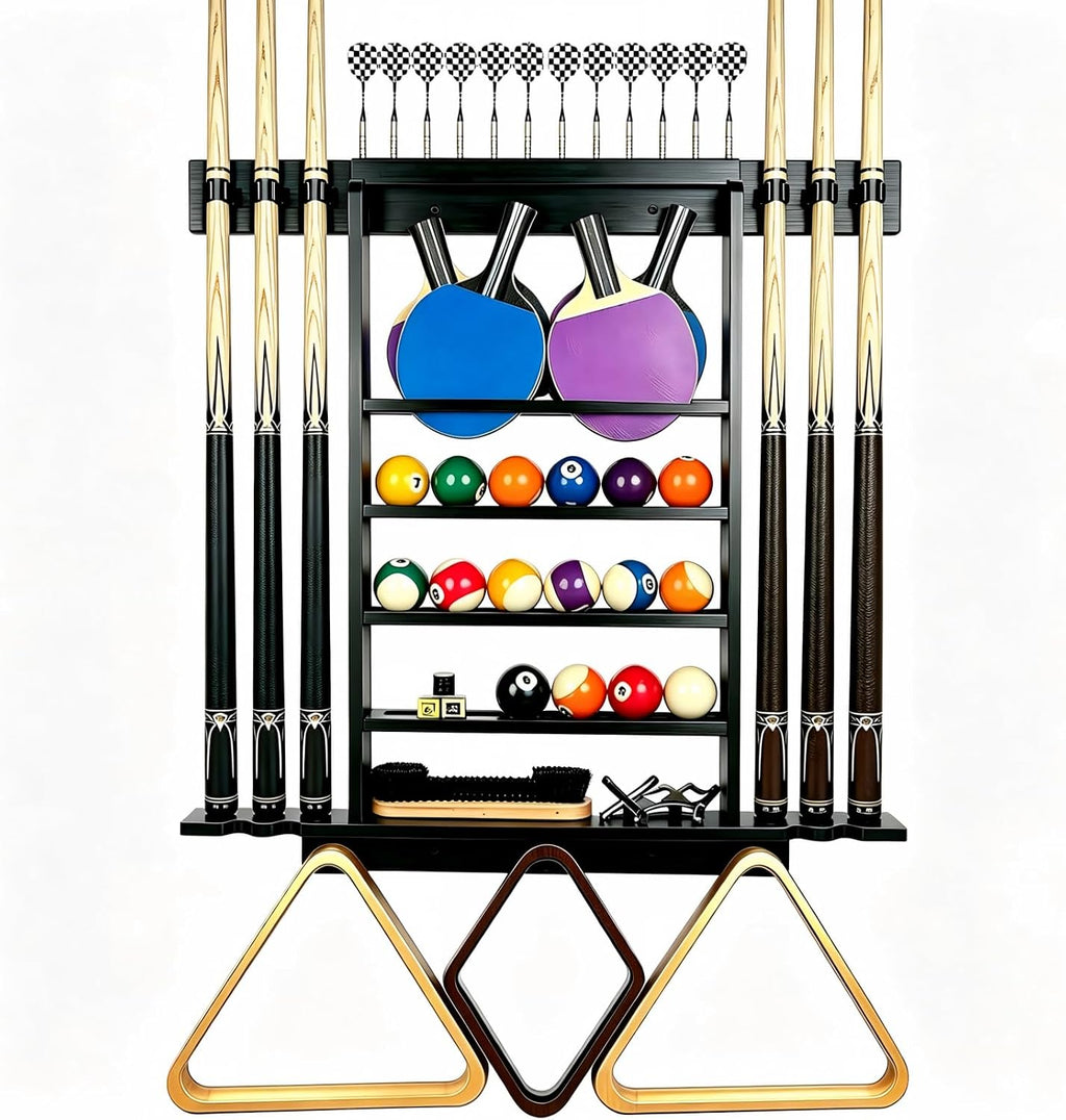 Large Pool Stick Holder Wall Mount, Billiards Pool Cue Rack Ping Pong Paddle Holder, Dart Holder 3-IN-1, Wood Pool