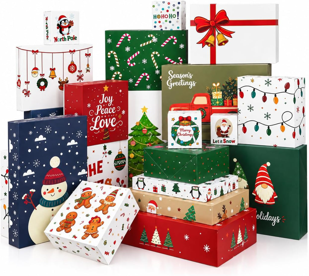 20 Pack Christmas Gift Boxes with Lids, 5 Sizes, 20 Festive Designs