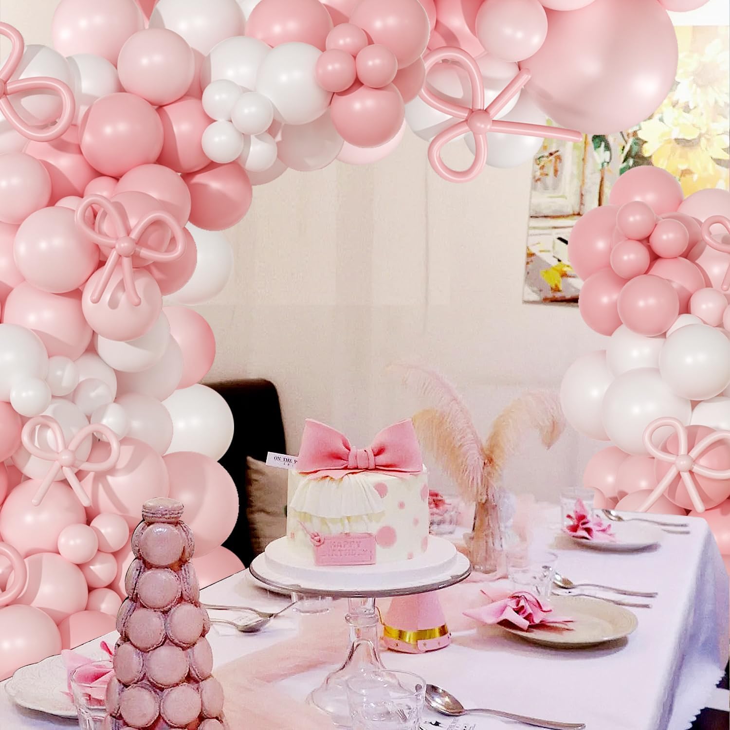 Coquette Birthday Decorations 145 Pcs Pink and White Balloon Garland Arch Kit Include Light Pink White Bow Balloons