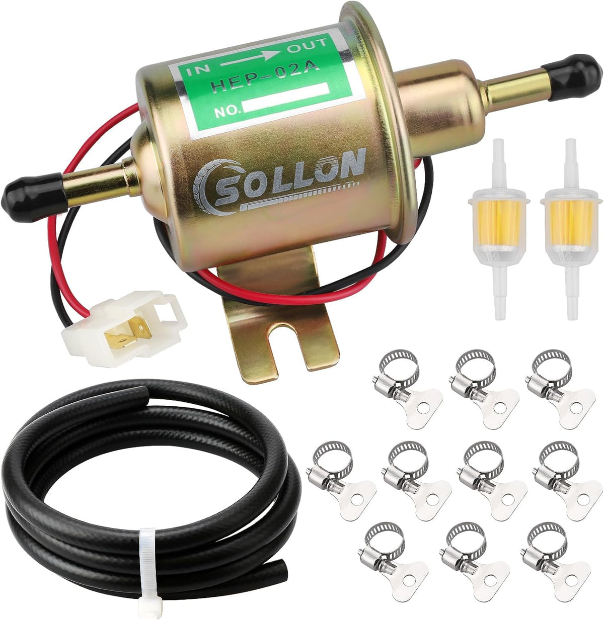 Electric Fuel Pump Kit 12V Universal Low Pressure Transfer Inline with 10pcs Hose Clamps 6.56 FT 5/16" ID Fuel Line
