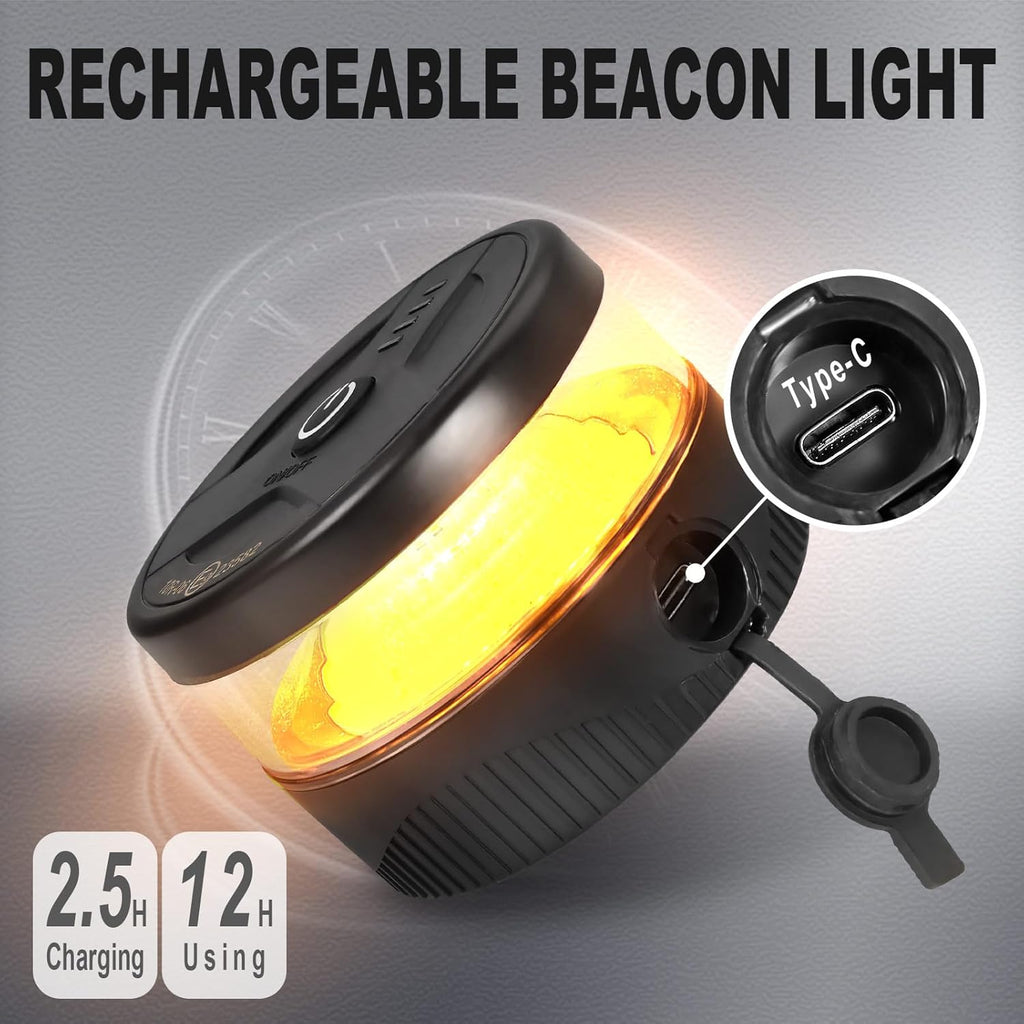 W56B Amber LED Beacon Lights, Magnetic Base Strobe Lights | Rechargeable, USB-C Charging, Warning/Strobe Flashing