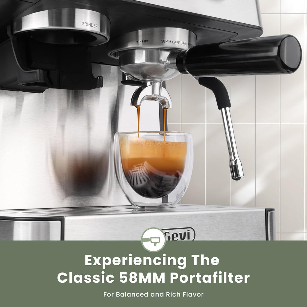 20 Bar Espresso Machine with Grinder & Steam Wand for Latte Cappuccino | Removable Water Tank, Powerful Milk Frother