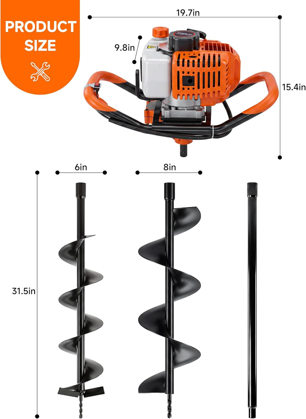 63CC 2-Stroke Gas Powered Auger Post Hole Digger with 6"/8" Auger Bits & Ext | Upgraded Earth Post Hole Digger, Power