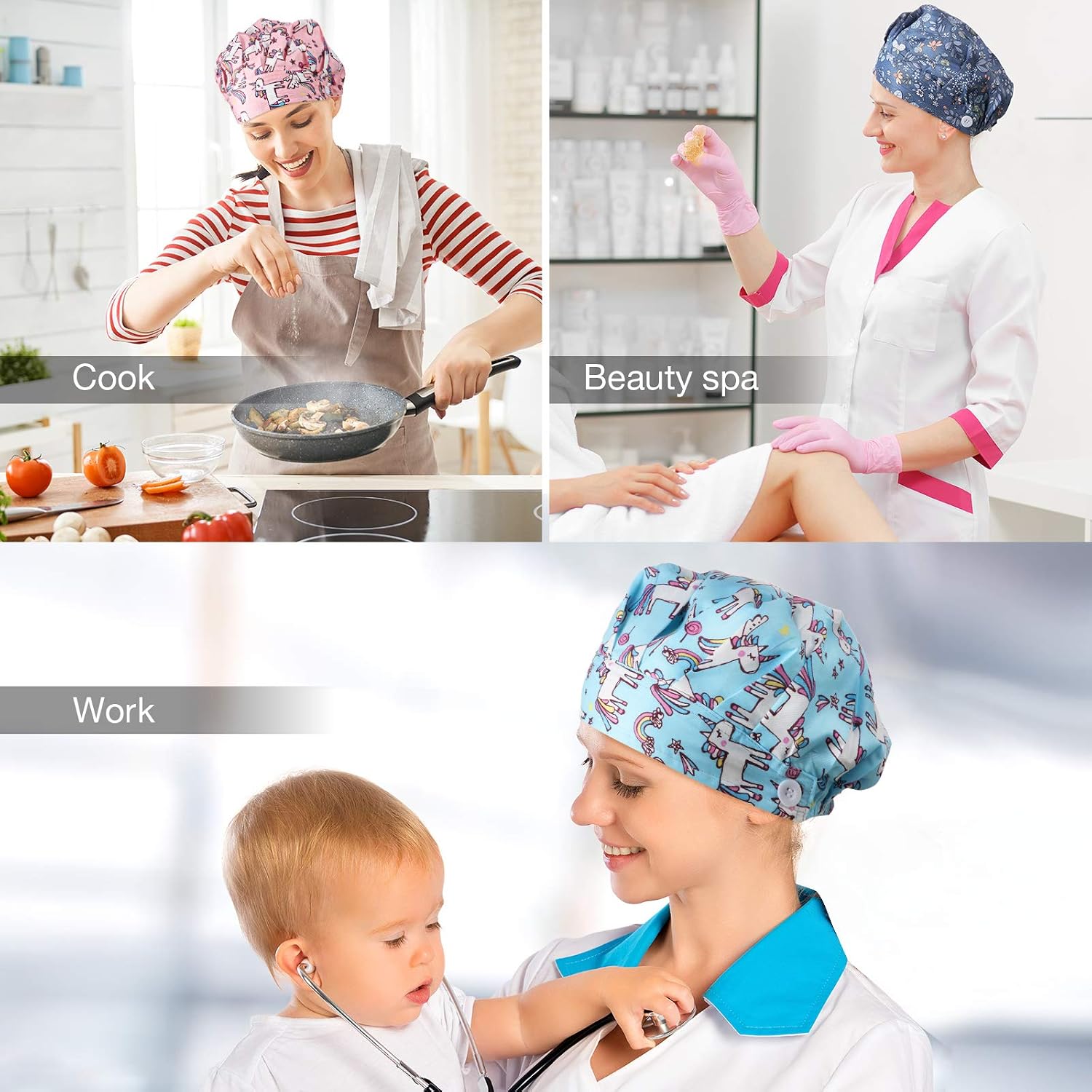 6 Pieces Button Bouffant Surgical Caps Nursing Hats Adjustable Printed Sweatband Working Caps for Women Men Nursing