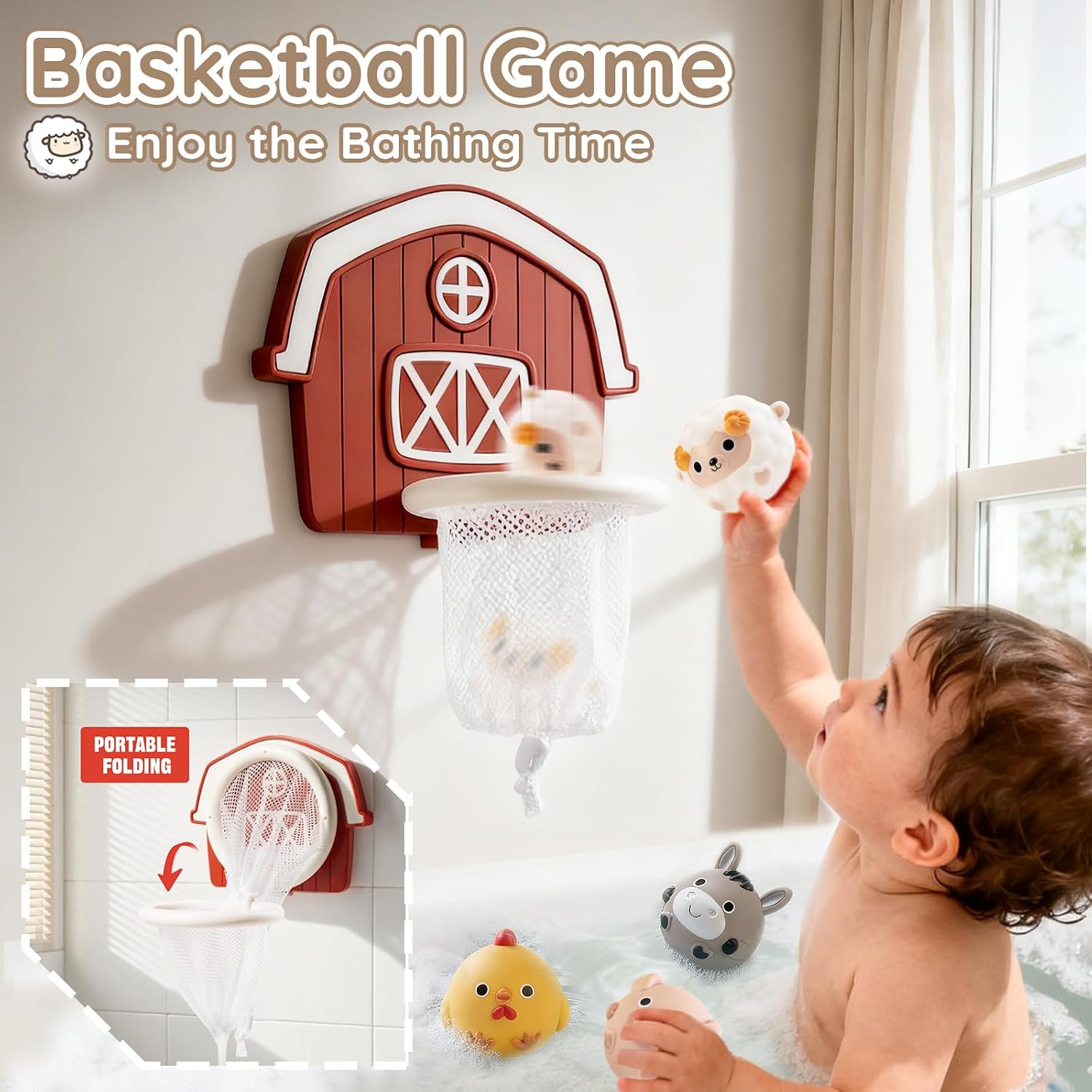 No-Hole Farm Animal Bath Toys for Kids Ages 1-3, Water Slide Toys | Bath Basketball Hoop, Fishing Net, Storage Bag