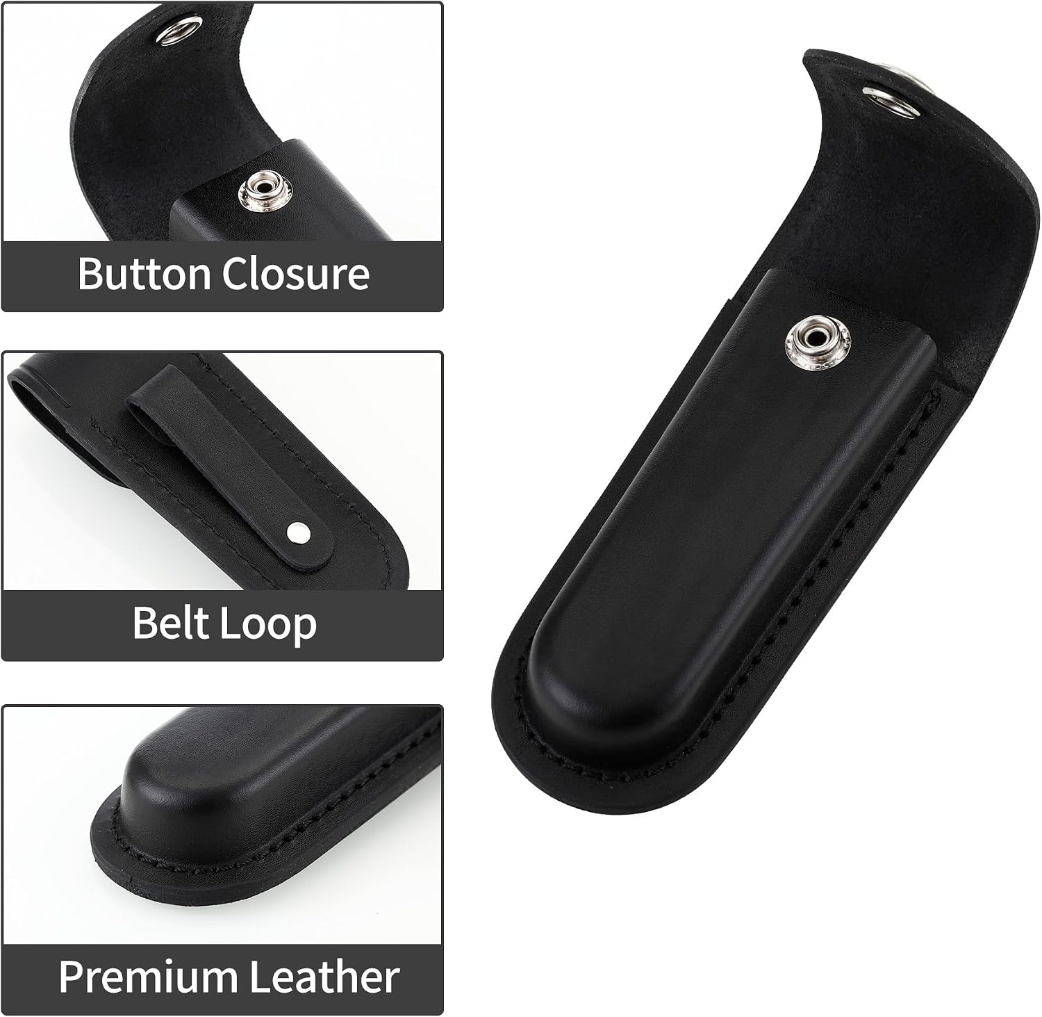 5-Inch Pocket Knife Sheath for Belt Carry | Black leather knife holster with snap closure and belt loop for outdoor