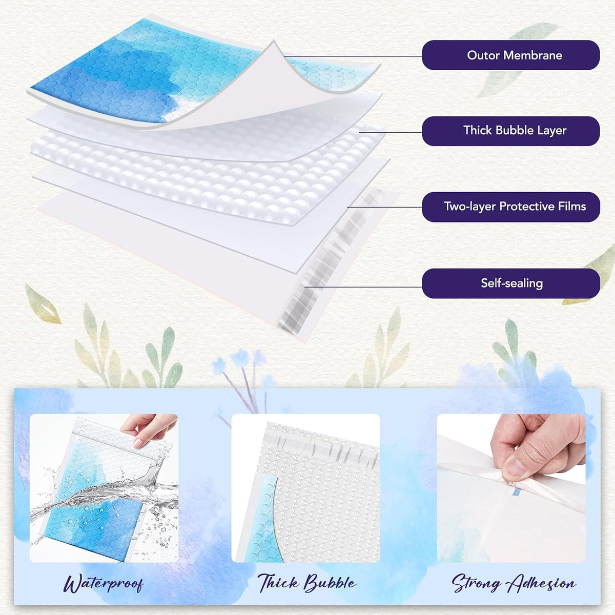 Bubble Mailers 6x10" Blue Watercolor Small Padded Envelopes 100 Pack