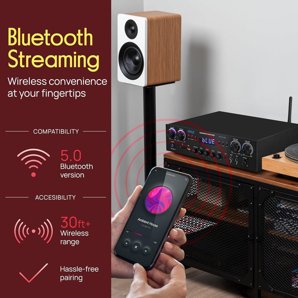 Home Stereo Receiver with Bluetooth - 4 Channel Amplifier, 800 Watt Max, USB-A Input w MP3 Player, Easy Karaoke Setup