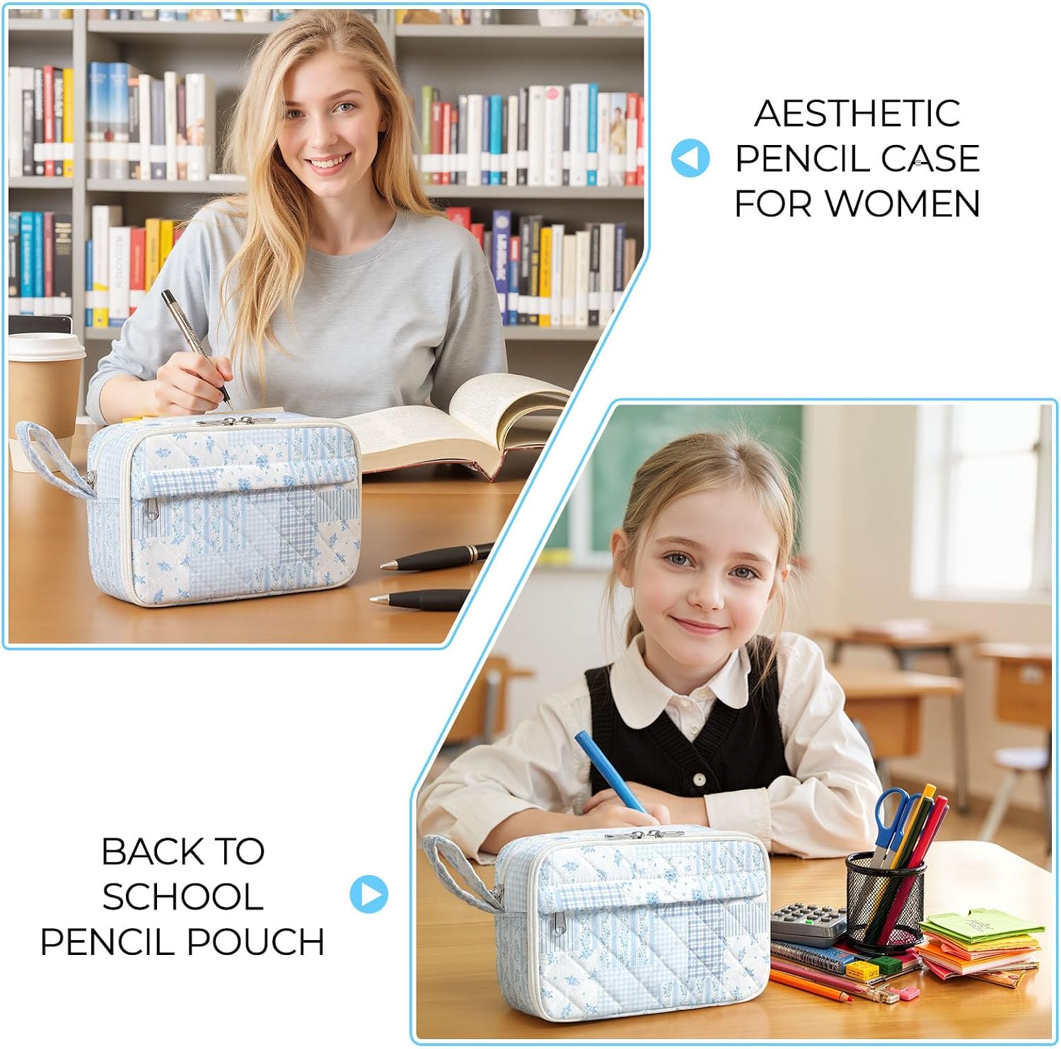 Quilted Pencil Pouch for Girls Women, Large Pencil Case Pouch with Compartments Cute Aesthetic Pencil Case Organizer