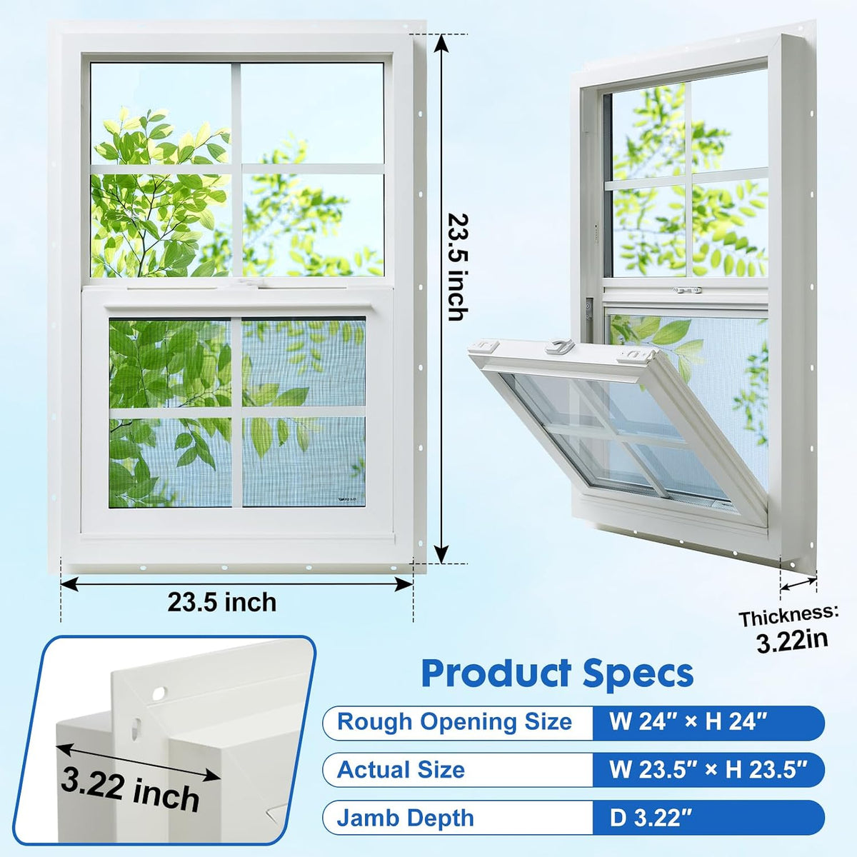 24" x 36" Vinyl Single Hung Window,3.22" Thickness (with Grild)
