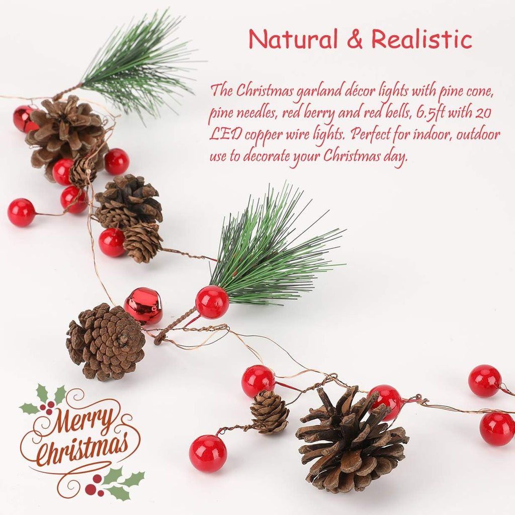 Christmas Garland with Lights, Red Berry Pine Cone 6.5FT 20 LED Garland Lights Battery Operated, led Garland String