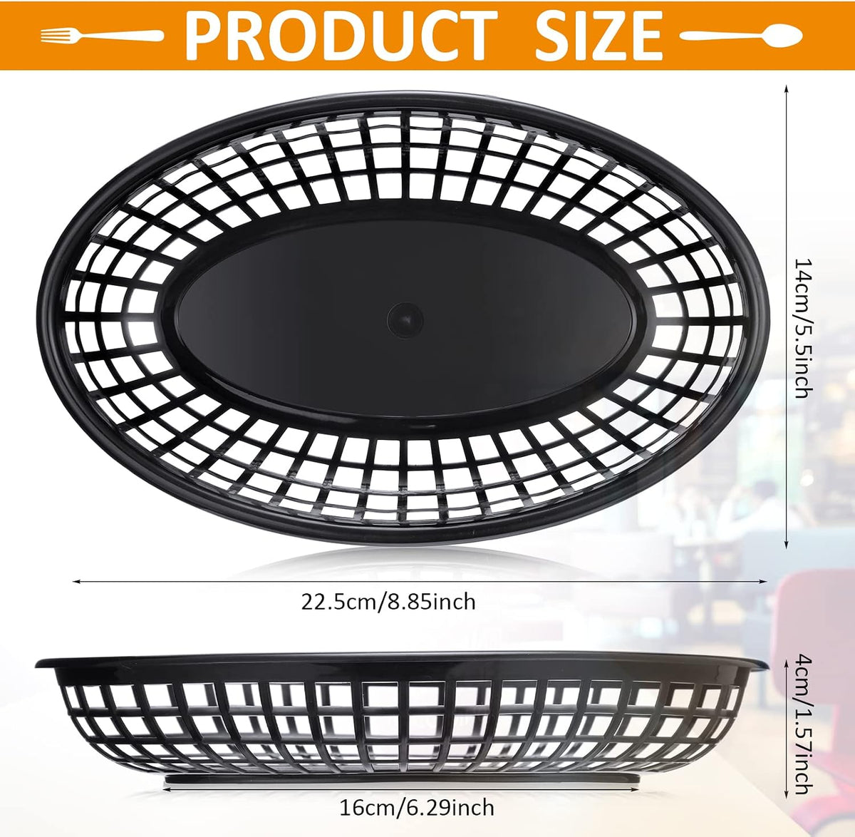 100 Pcs Black Plastic Fast Food Baskets Oval Chip Serving Tray