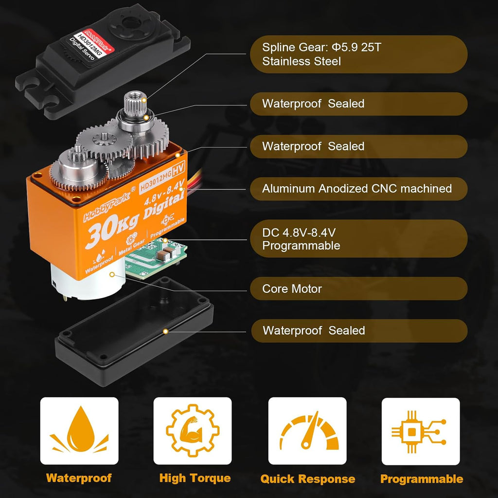 Waterproof 30kg RC Servo High Torque Steering Servo Motor Metal Gear All Stainless Steel Gears for Robotics DIY, RC