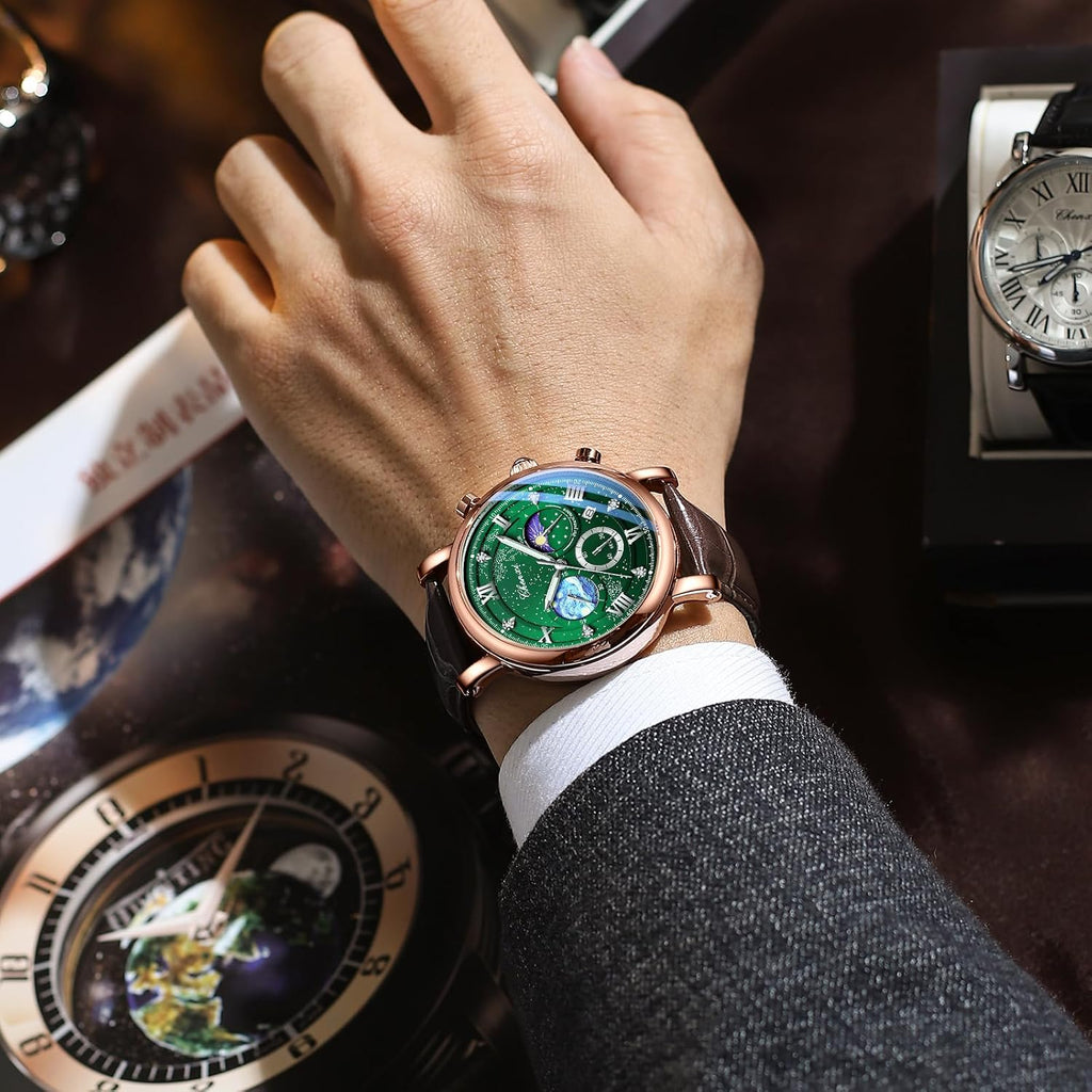 Men Classic Watches Chronograph Analog Watch Business Dress Leather | Waterproof Luminous Chronograph Starry Sky Moon
