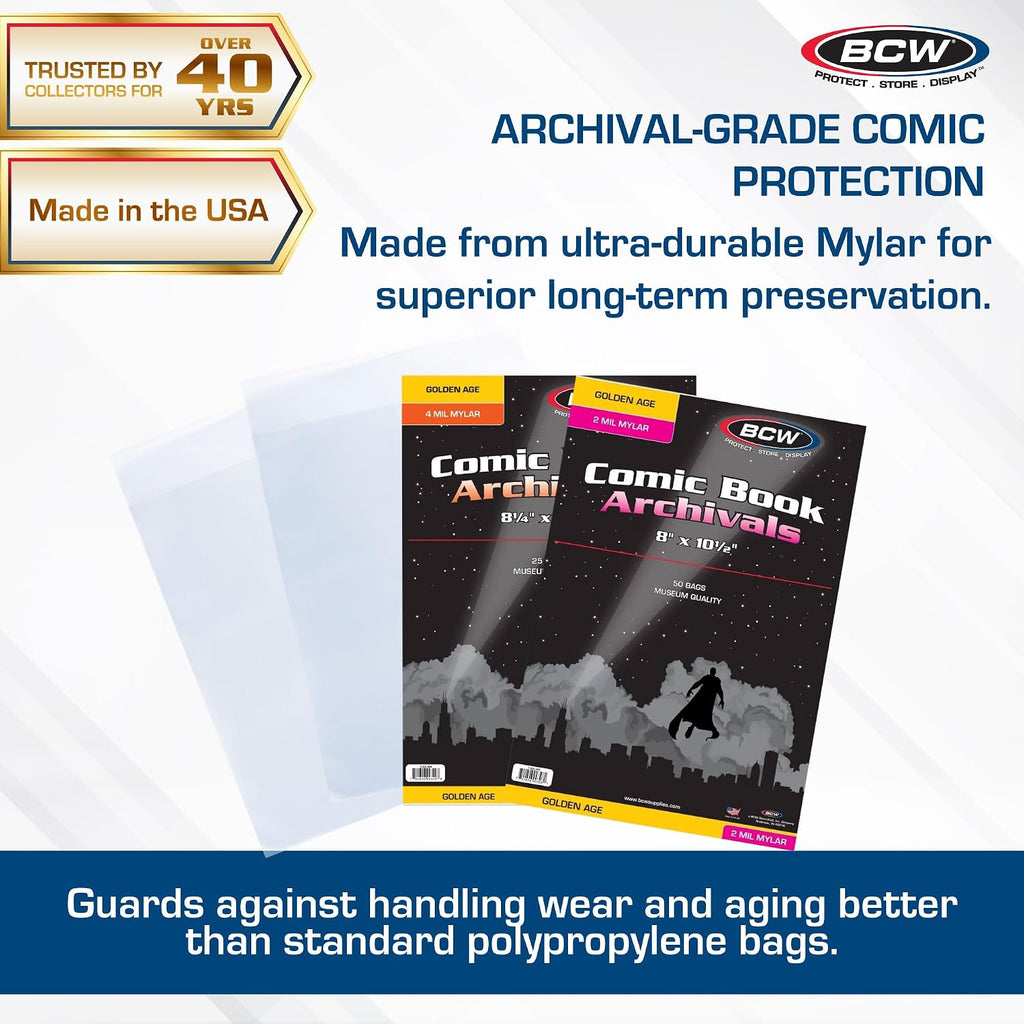 Golden Comic Storage | Archival Polyester Mylar Comic Bags| 4 mil Thickness | Fits Golden Age Comics | 1-1/2" Closure