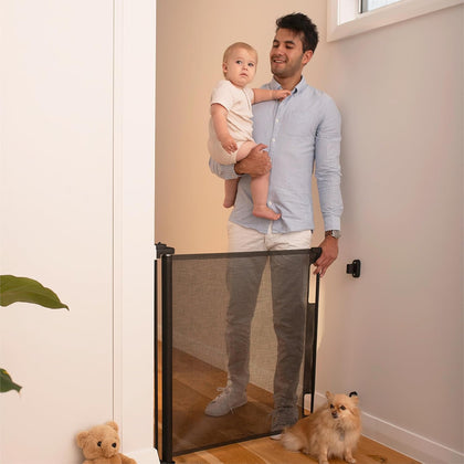 Retractable Baby Gate Perma Child Safety 33" Tall x 55” Wide, Mesh, for Stairs, Doorways, Dogs, Pets, Indoor