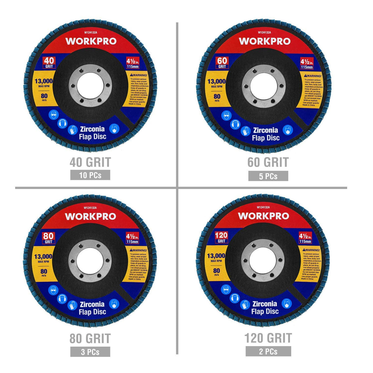 WORKPRO 20-Pack Zirconia Flap Discs, 4-1/2" x 7/8", T29
