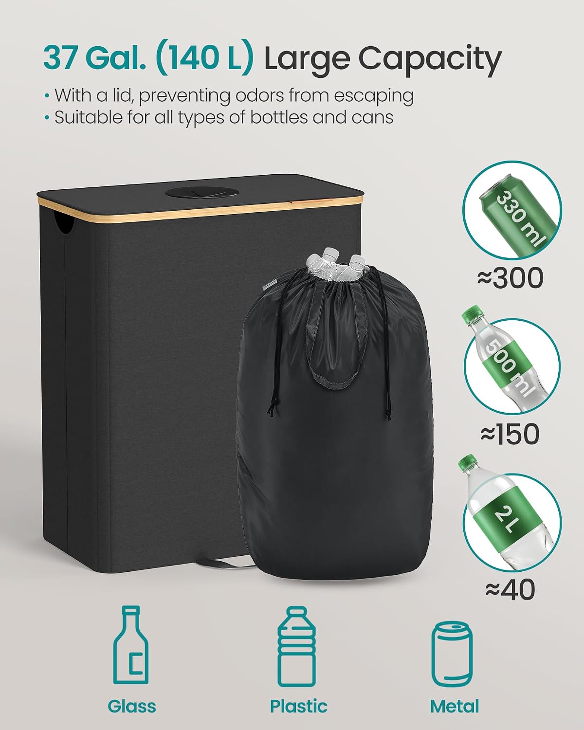 Recycling Bin for Kitchen 37 Gallon. Bottle Recycling Container, Collection Bin