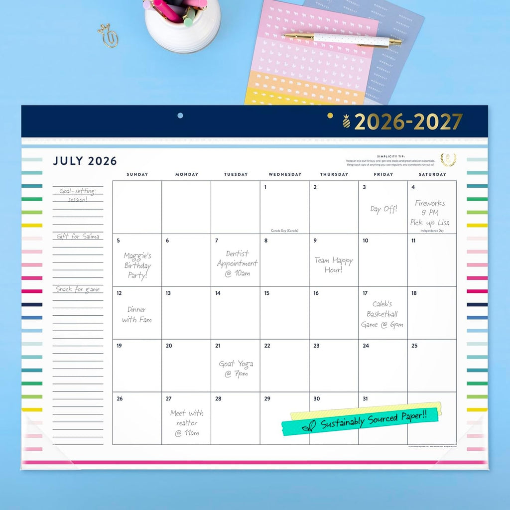 Simplified by Emily Ley for AT-A-GLANCE Academic 2026-2027 Monthly Desk Pad Calendar, Happy Stripe, Standard, 17" x