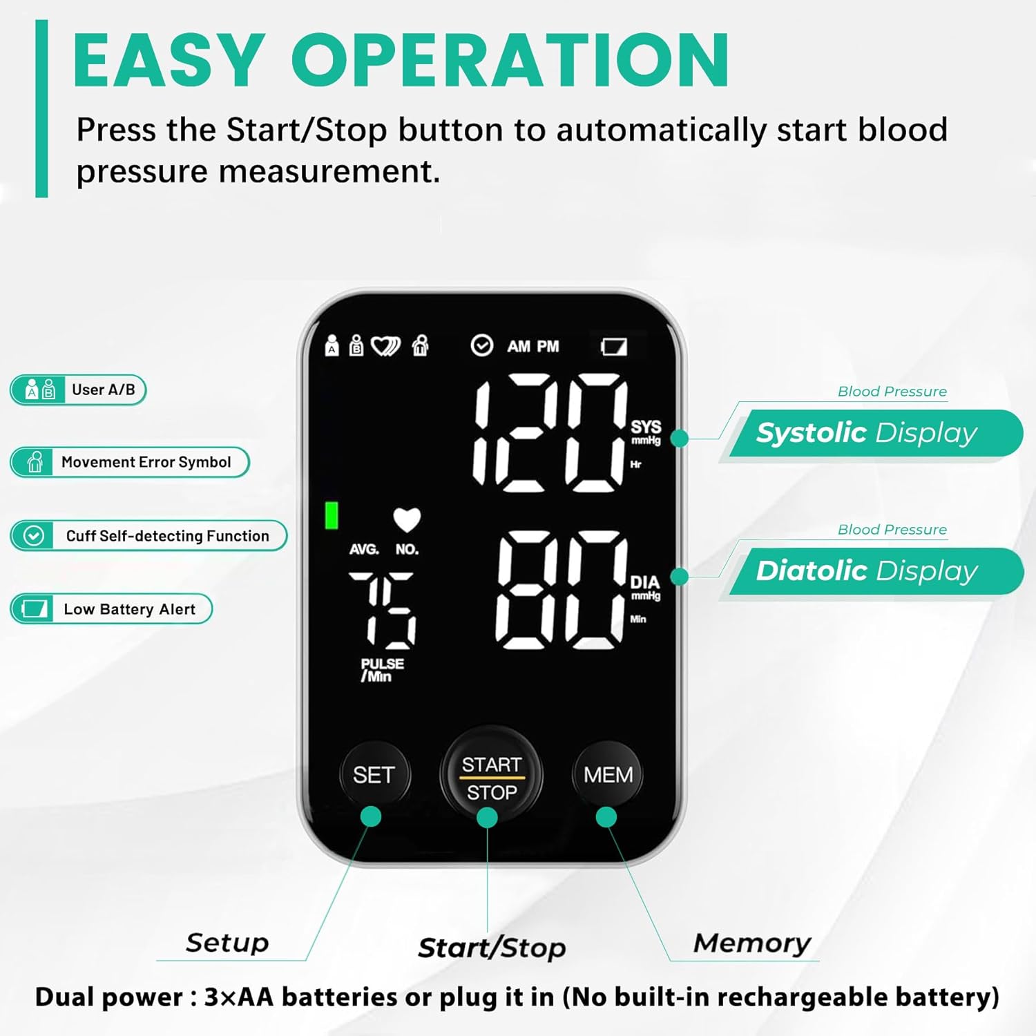 Blood Pressure Monitor Upper Arm Monitors for Home Use BP Machine Sphygmomanometer with 2x120 Reading Memory