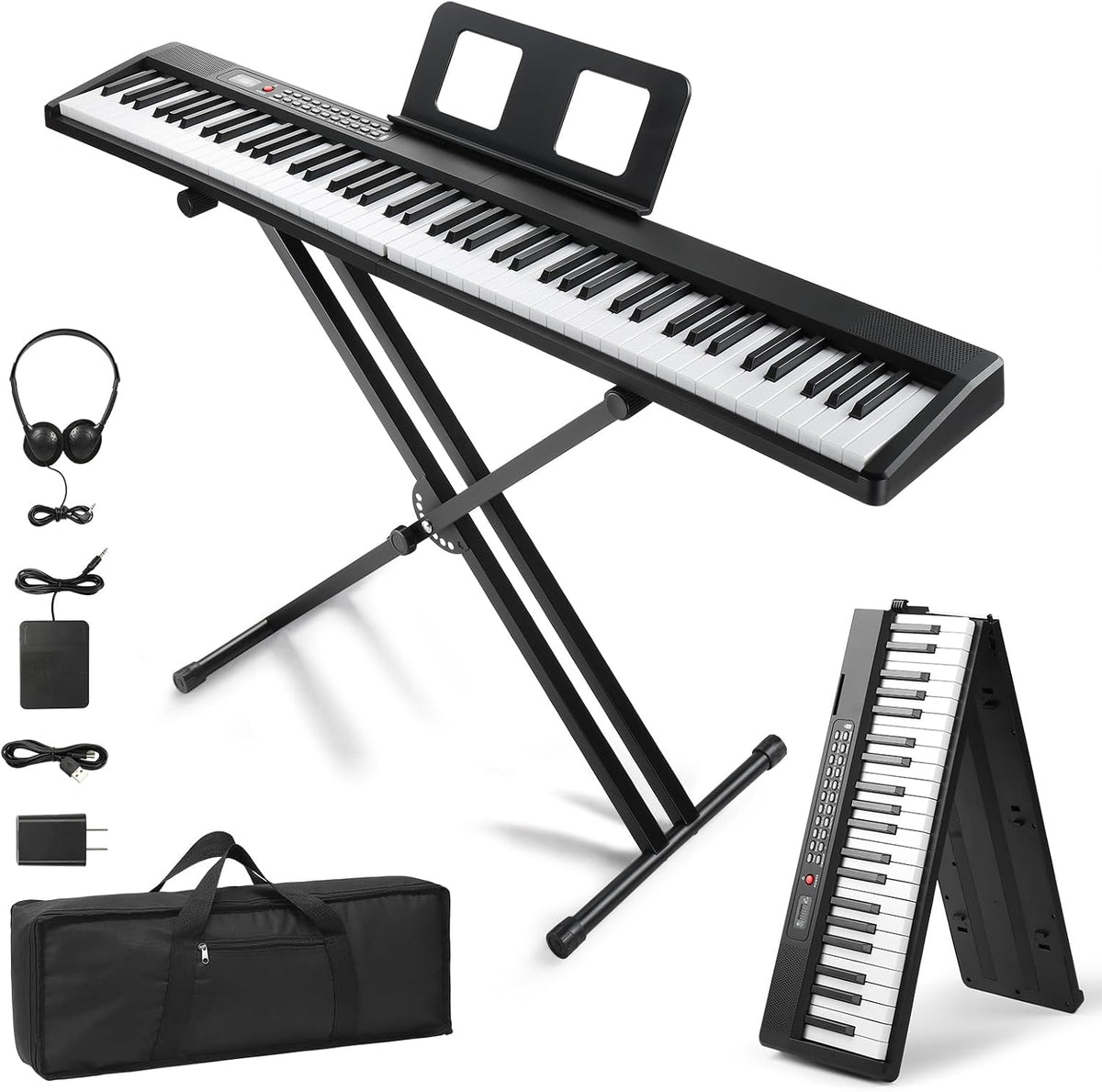 88 Key Foldable Electronic Keyboard Piano, Electric Piano with Stand | Digital Piano with Dual X Stand, 2 Bluetooth