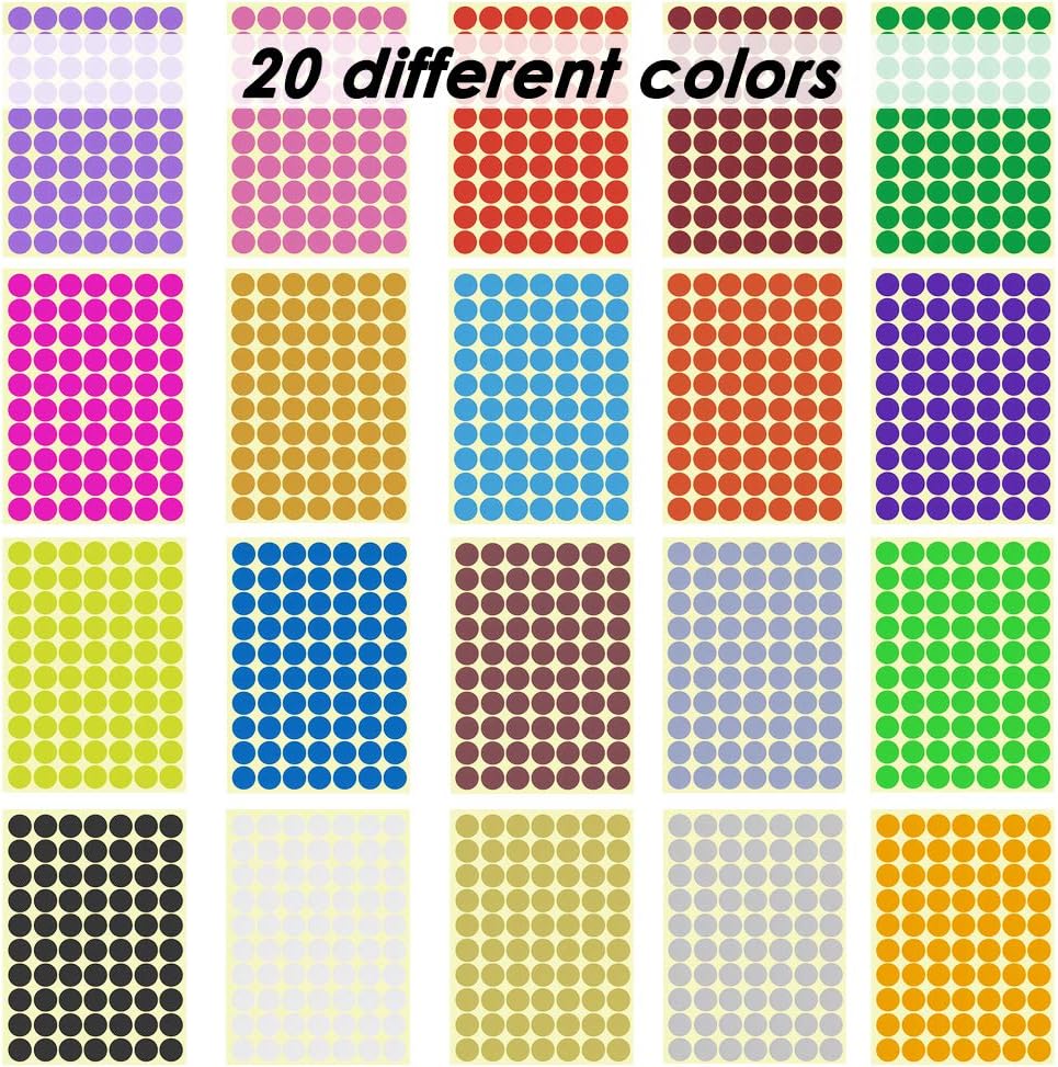 2800-Pack 3/4 Inch Round Color Coding Dots - 20 Vibrant Neon Colors, Removable Sticker Labels (70 per Sheet)