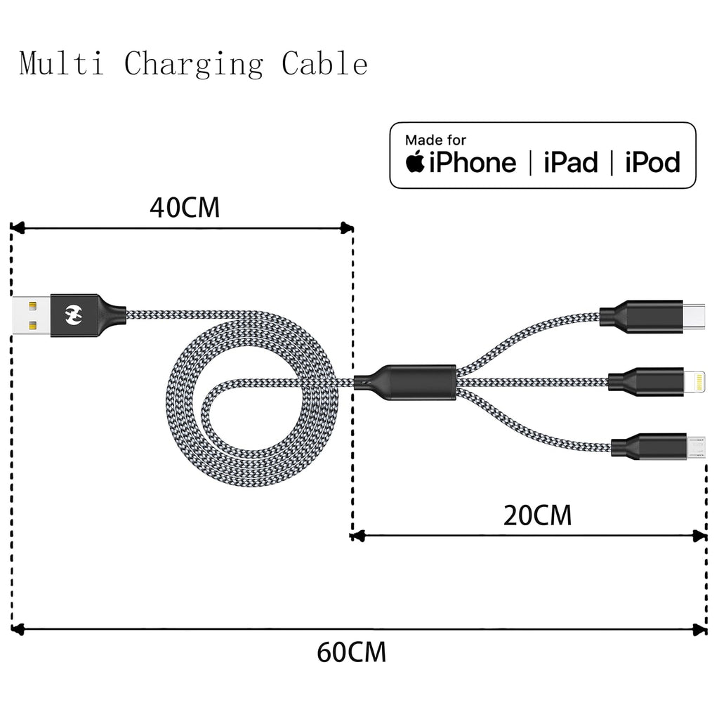 Multi Charging Cable 10ft 2Pack 3 in 1 Charger Cord, Long Multiple Cable | Rapid Nylon Braided USB Charging Cable