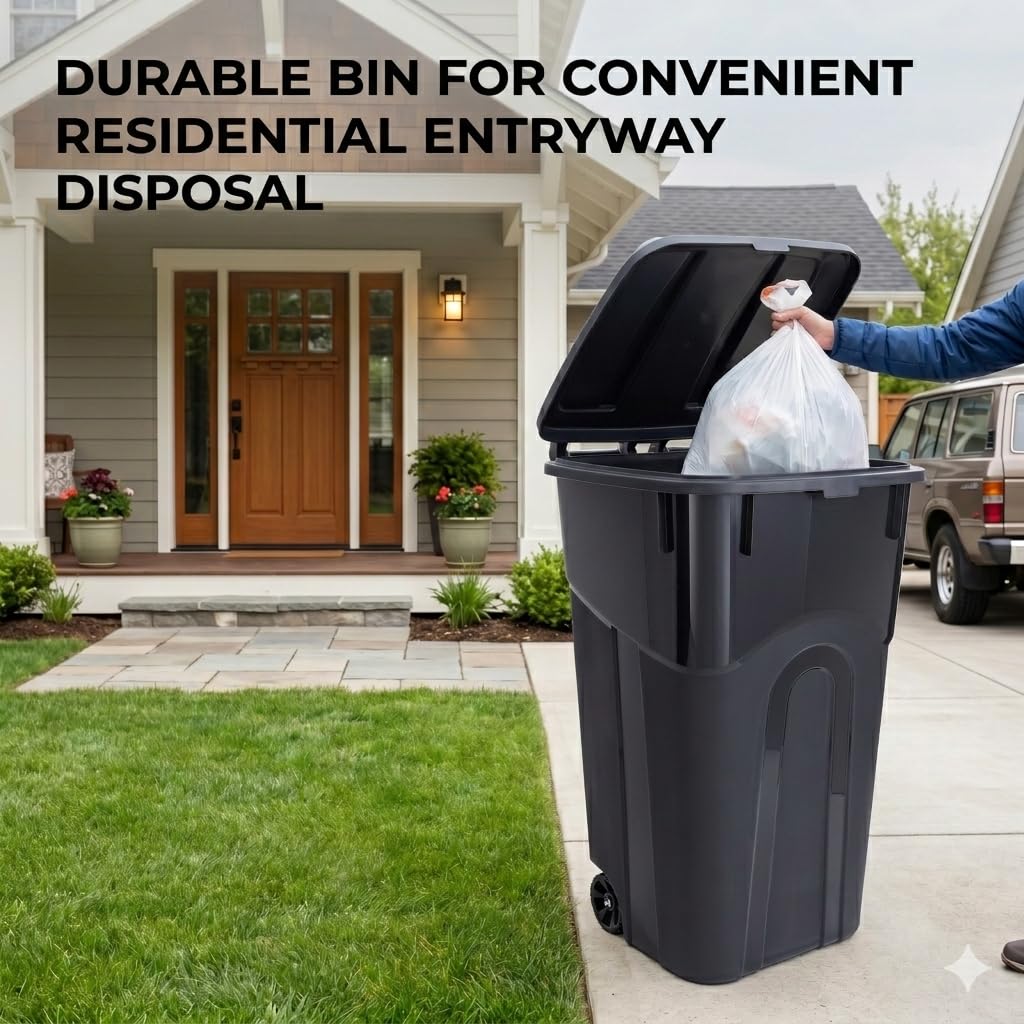 32 Gallon Wheeled Outdoor Trash Can with Attached Click-Lock Lid, Heavy Duty Plastic Garbage Bin with Rugged Wheels