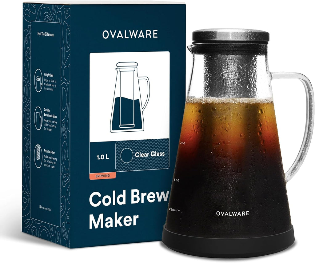 Airtight Cold Brew Iced Coffee Maker Pitcher and Tea Infuser with Spout - 1.0L / 34oz Ovalware RJ3 Brewing Glass