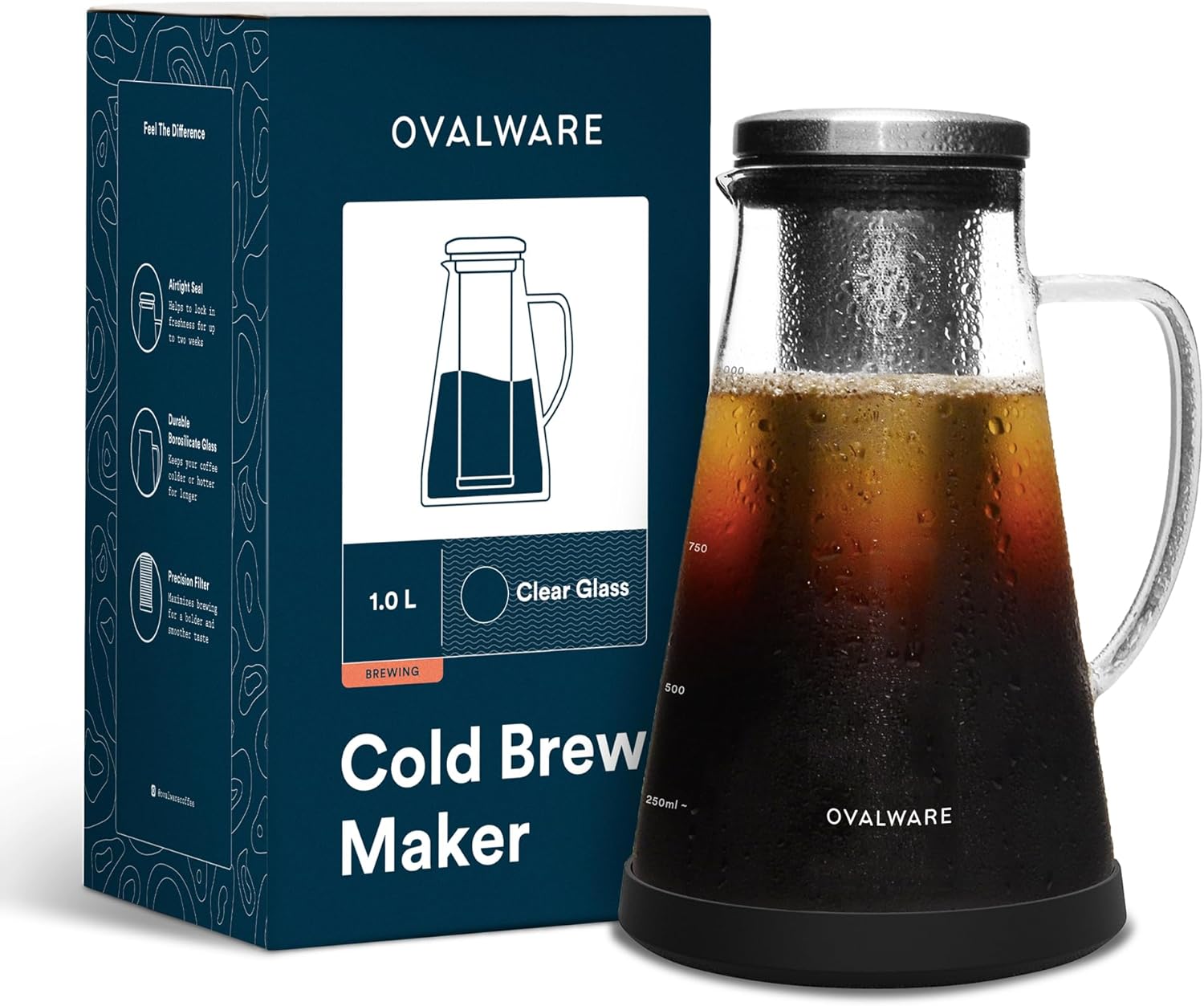 Airtight Cold Brew Iced Coffee Maker Pitcher and Tea Infuser with Spout - 1.0L / 34oz Ovalware RJ3 Brewing Glass