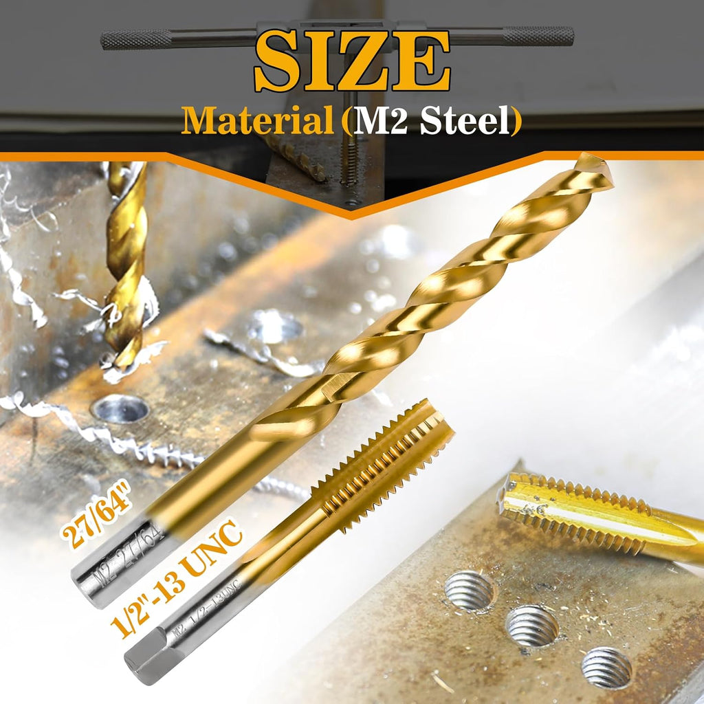 1/2"-13 UNC Tap and 27/64" Drill Bit for Metal, M2 HSS Drill and Tap Set