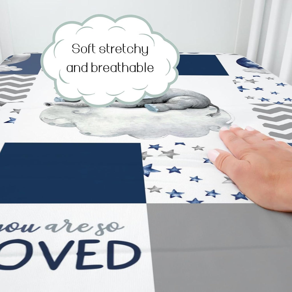 Navy Blue Sleeping Elephant Fitted Standard Crib Sheet Baby Boy, Dream Big Little One You are So Loved Patchwork
