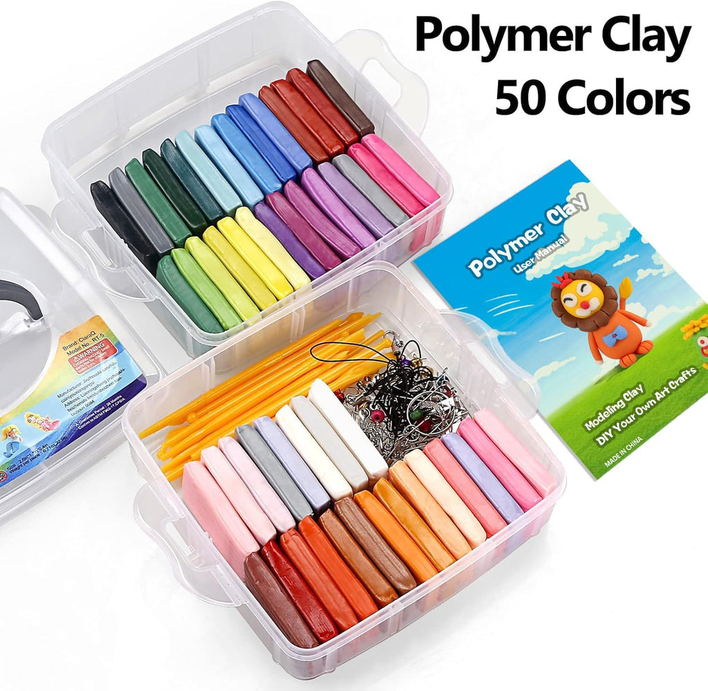 50-Color Polymer Clay Oven Bake Modeling Kit | 14 sculpting tools, 2‑layer box, accessory pack, guide. Great for