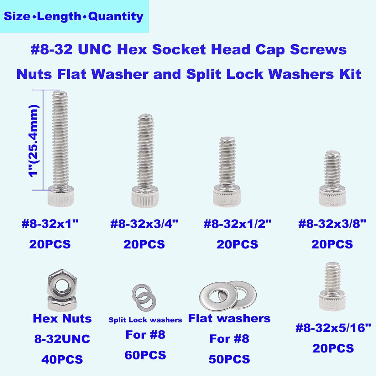 #8-32 UNC Stainless Steel Knurled Hex Socket Cap Screw Nut Washer Kit