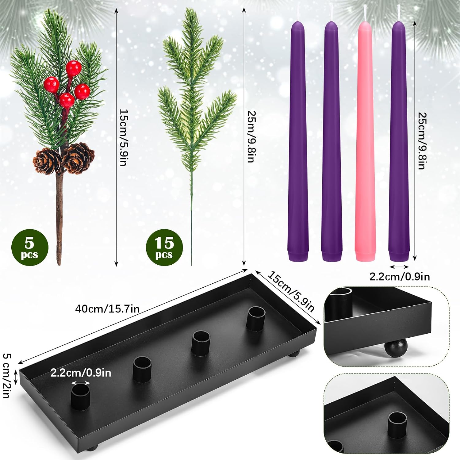Advent Candle Holder Black Iron Tray 4 Candles 15 Pine Needles