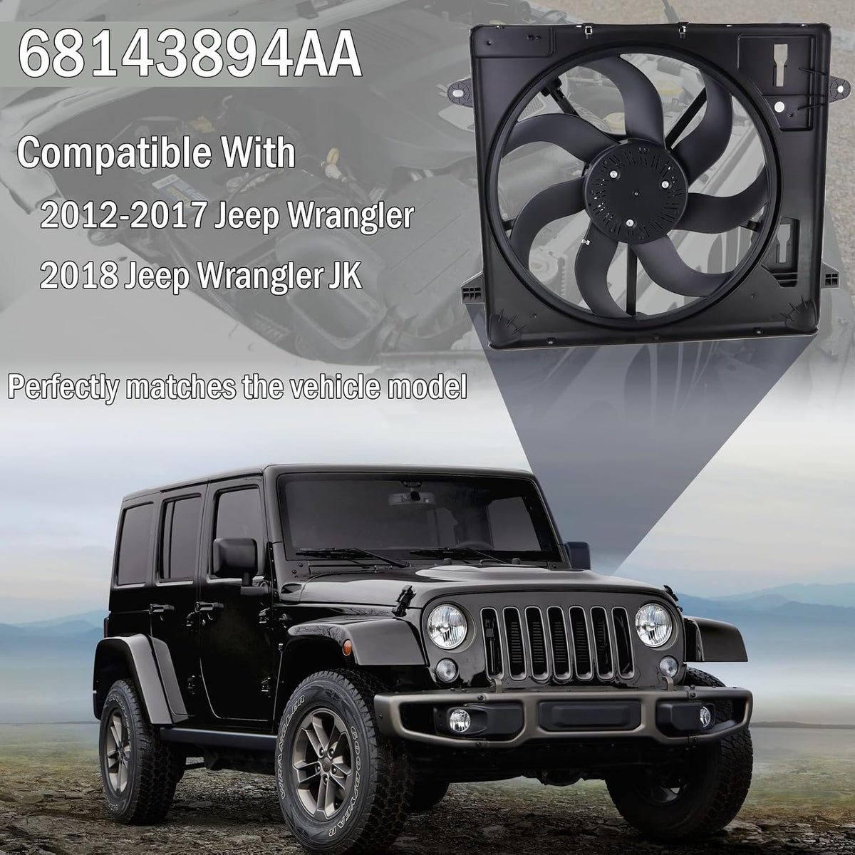 Engine Cooling Radiator Fan Assembly Compatible with 2012-2017 Jeep Wrangler,2018 Wrangler JK 3.6L Replace#68143894AA 68143894AB 621-601 6010277 624080 CF13078