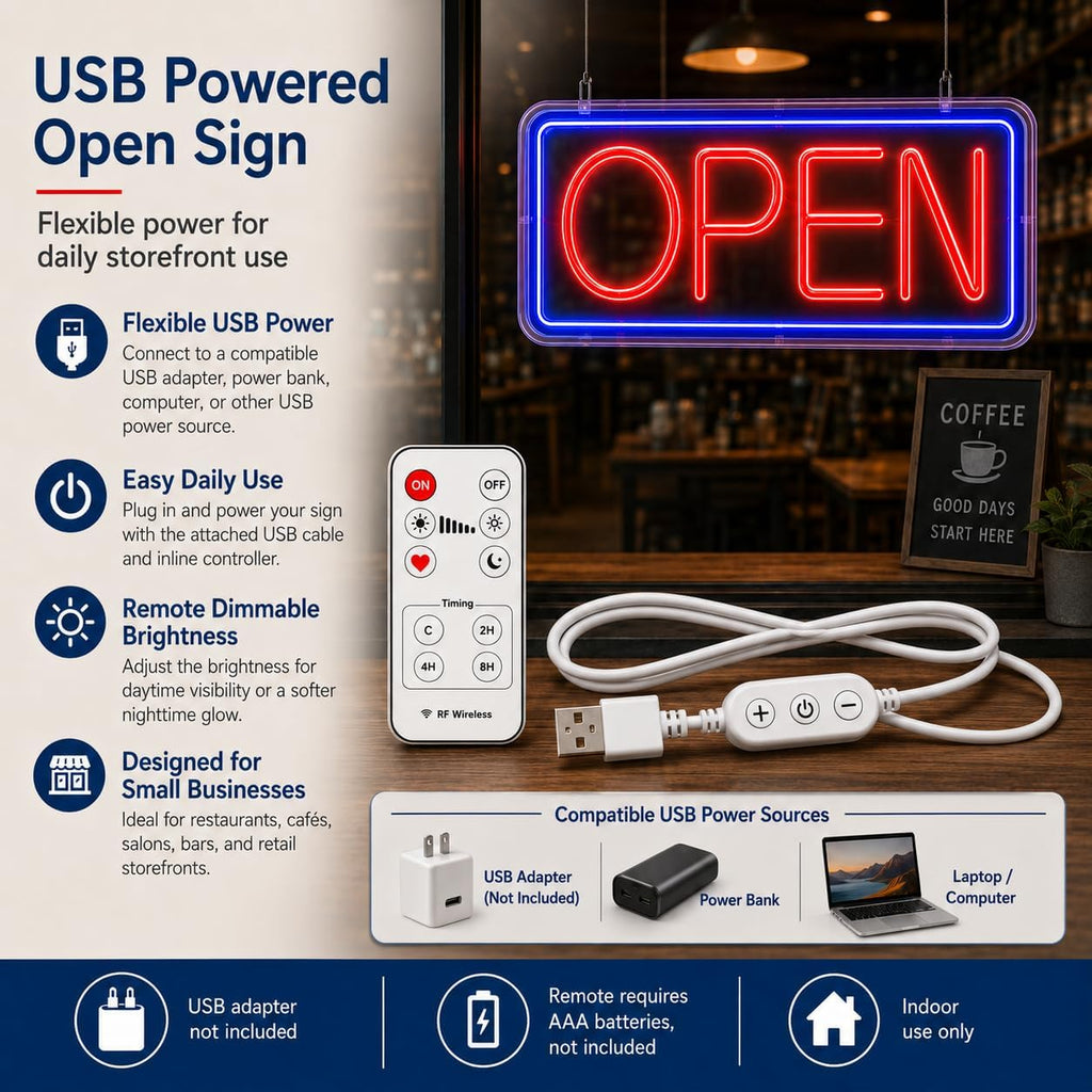 Neon Open Sign for Business, 17 x 9 Inch USB Powered LED Open Sign, with Remote Control and Countdown Timer Neon Open