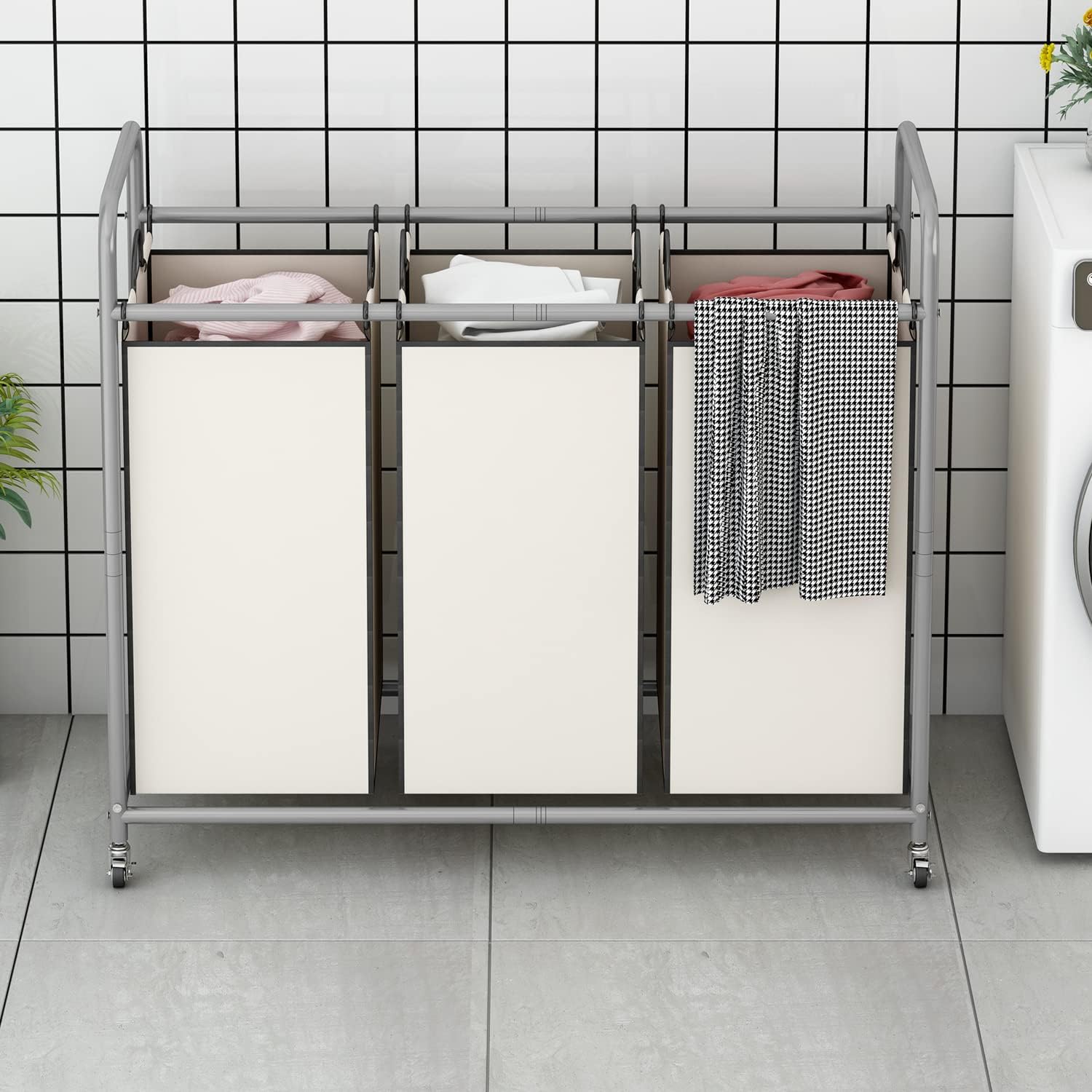 3 Section Laundry Hamper, Beige Laundry Basket 135L Laundry Sorter | Laundry Room Organization with Heavy Duty
