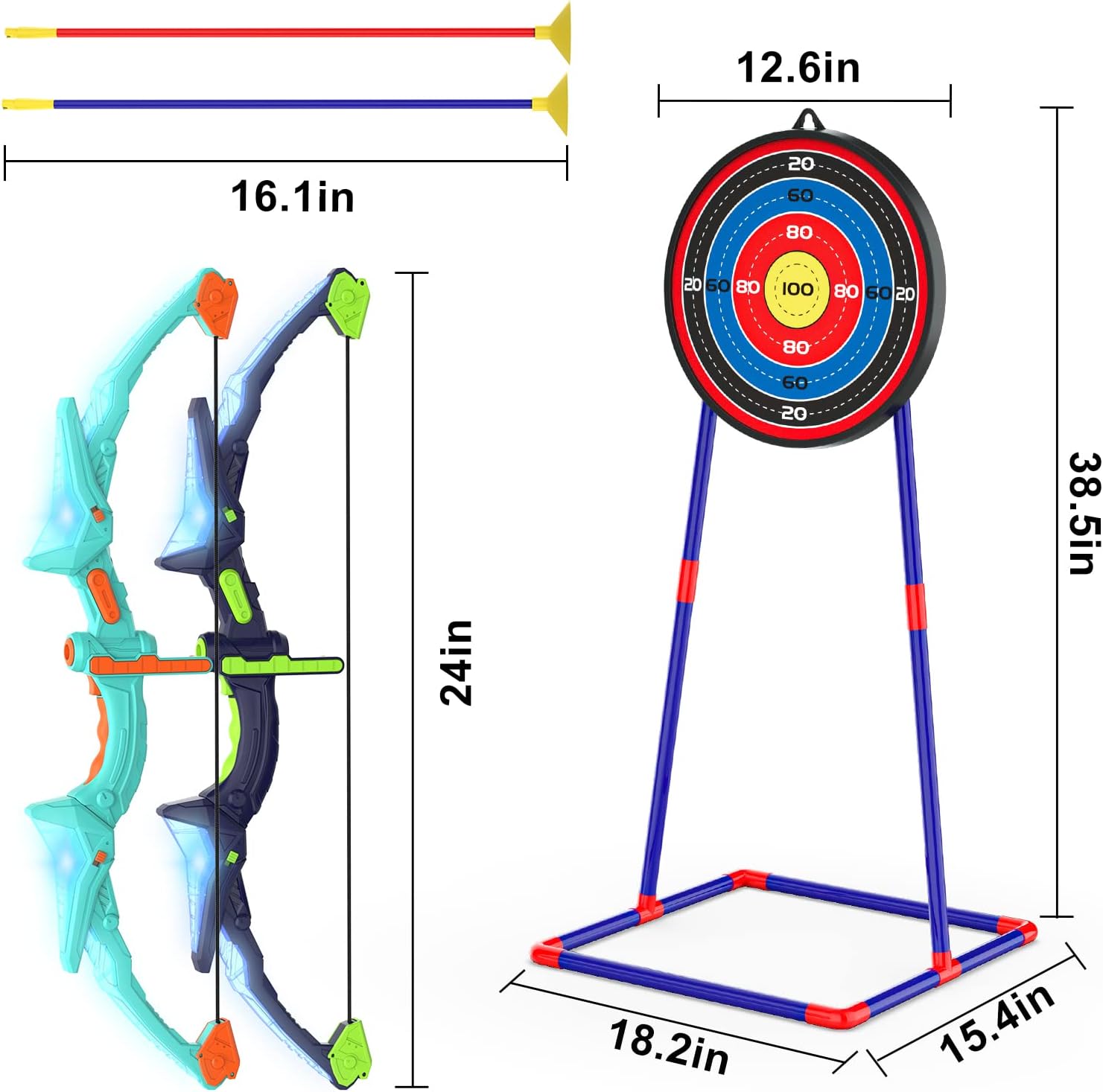 2 Pack Kids Bow and Arrow Set with LED Flash Lights, 14 Suction Cup Arrows and Fluorescence Standing Target-Perfect