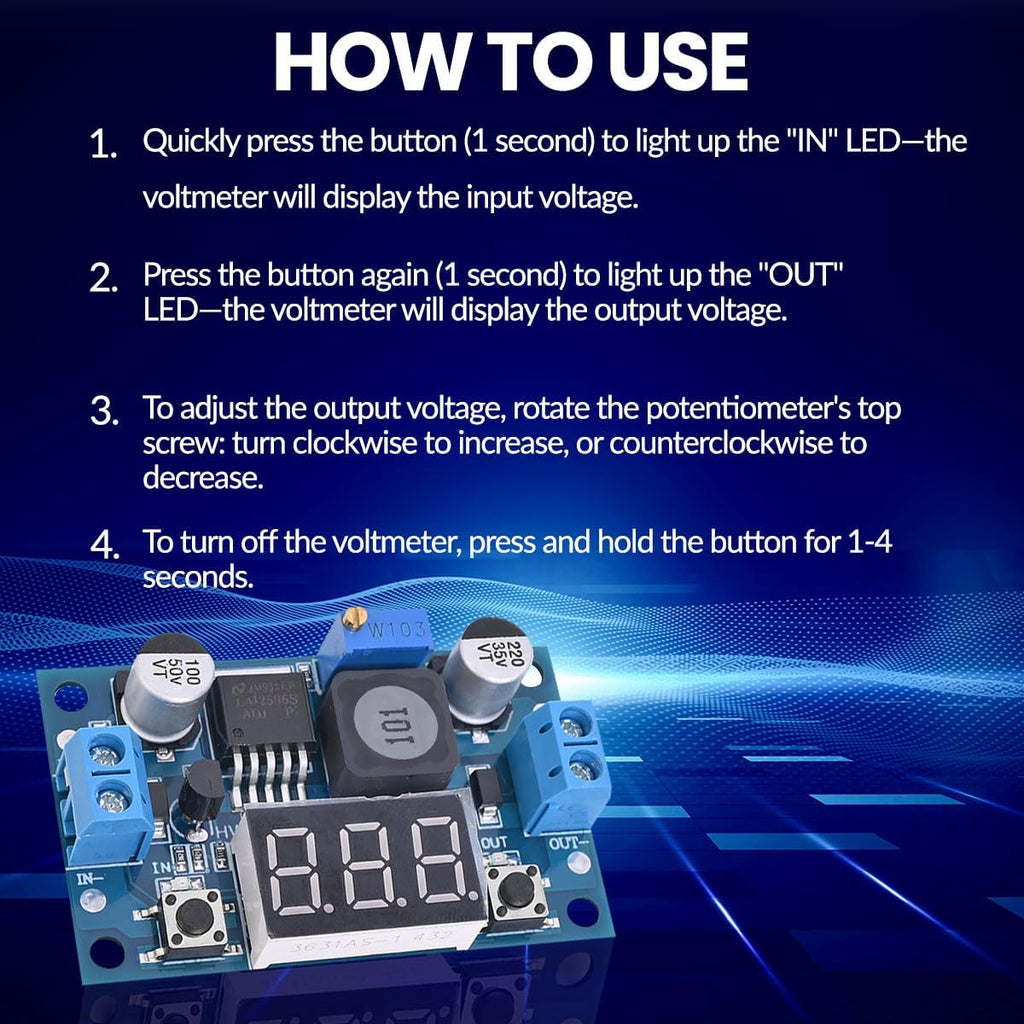 LM2596 Adjustable DC-DC Step-Down Buck Converter Module with LED Voltmeter Display, Voltage Regulator 4.0-40V Input to 1.25-37V Output Power Supply Module (Pack of 2)