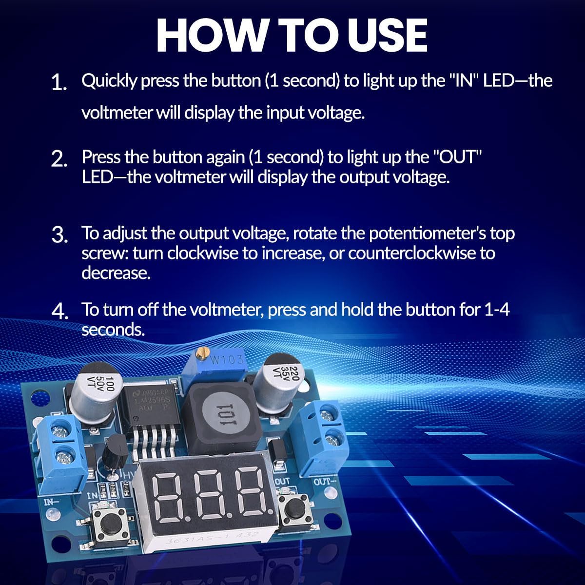 LM2596 Adjustable DC-DC Step-Down Buck Converter Module with LED Voltmeter Display, Voltage Regulator 4.0-40V Input to 1.25-37V Output Power Supply Module (Pack of 2)