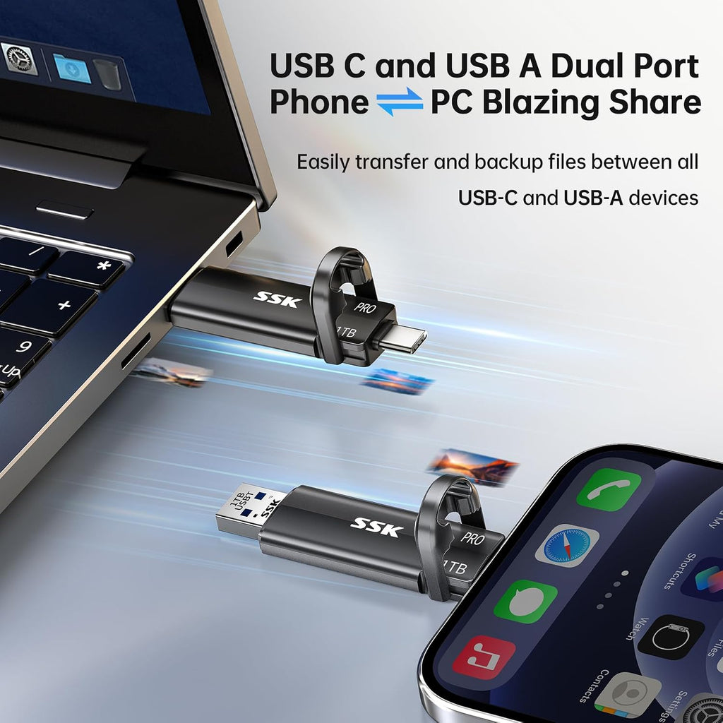 1TB USB Flash Drive SSD, External TLC NAND Solid State Drive Dual USBC & USBA Ports, Up to 1000MB/s High-Speed