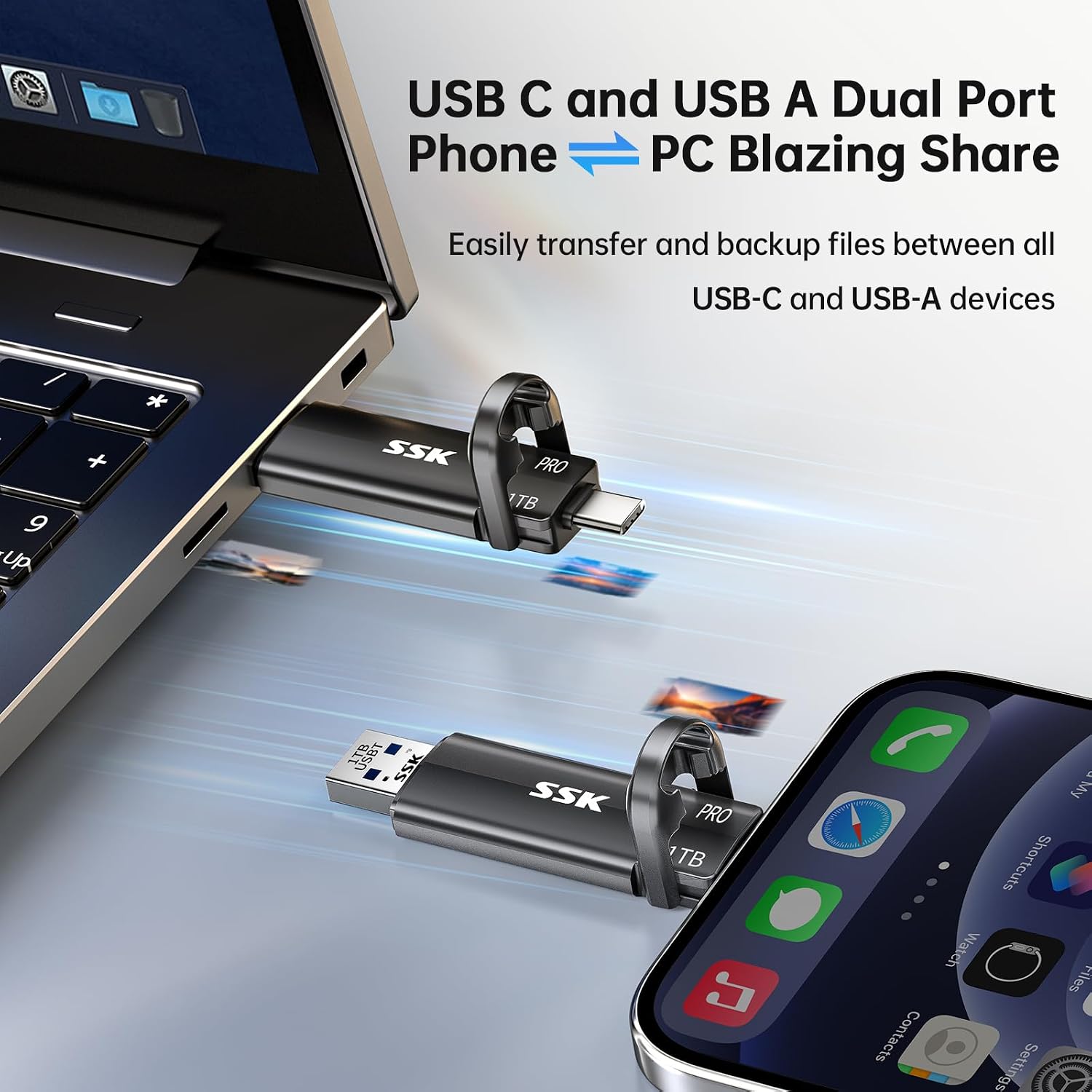 1TB USB Flash Drive SSD, External TLC NAND Solid State Drive Dual USBC & USBA Ports, Up to 1000MB/s High-Speed