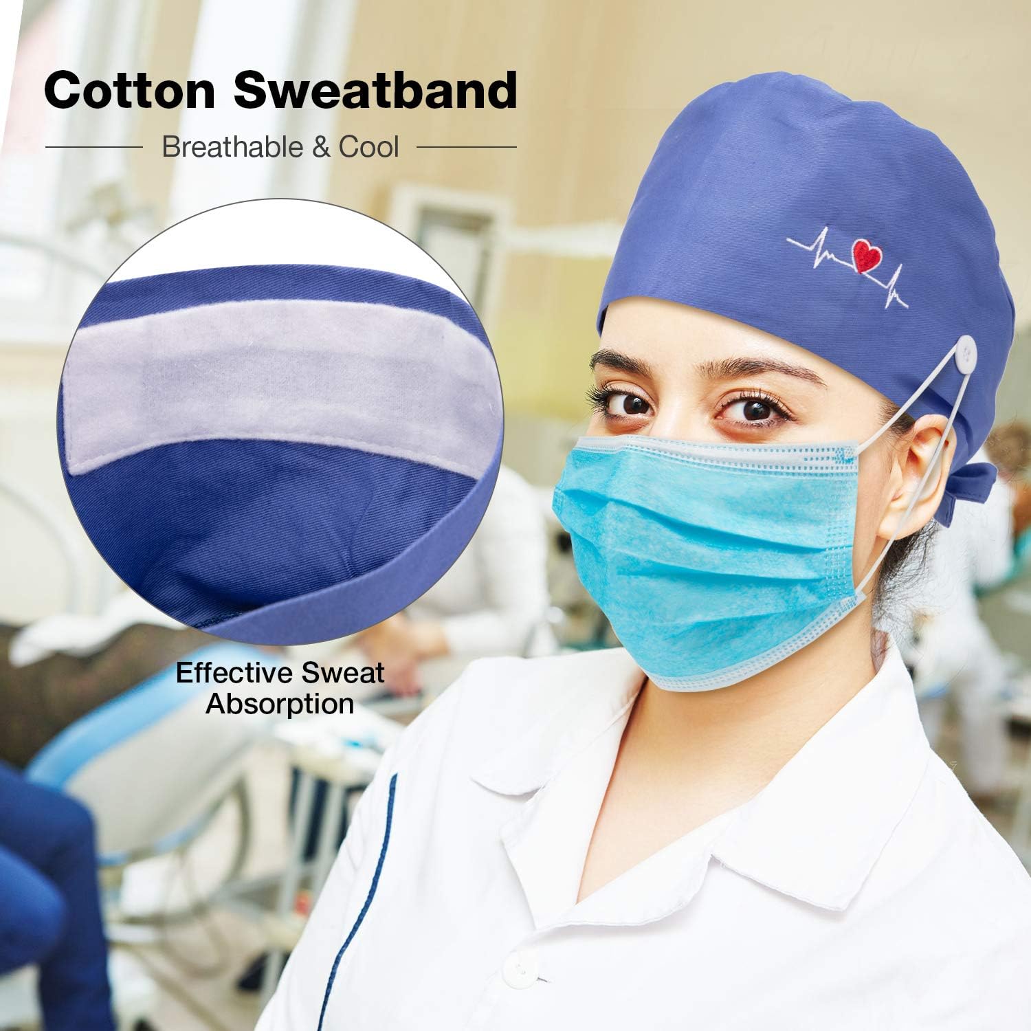 5 Pieces Bouffant Cap with Buttons Unisex Sweatband Adjustable Tie Back Hat
