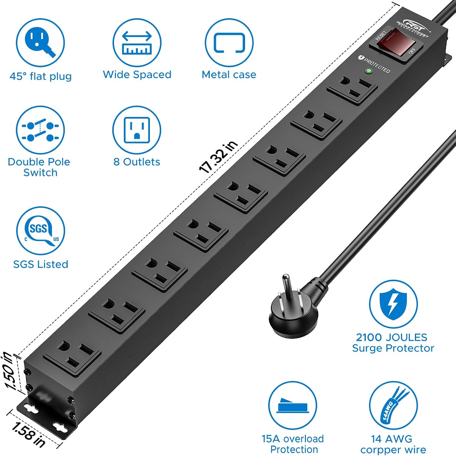 8 Outlet Metal Heavy Duty Power Strip, 15A/1875W | 2100J Surge Protector with 6FT Cord, Wide Spaced Mountable