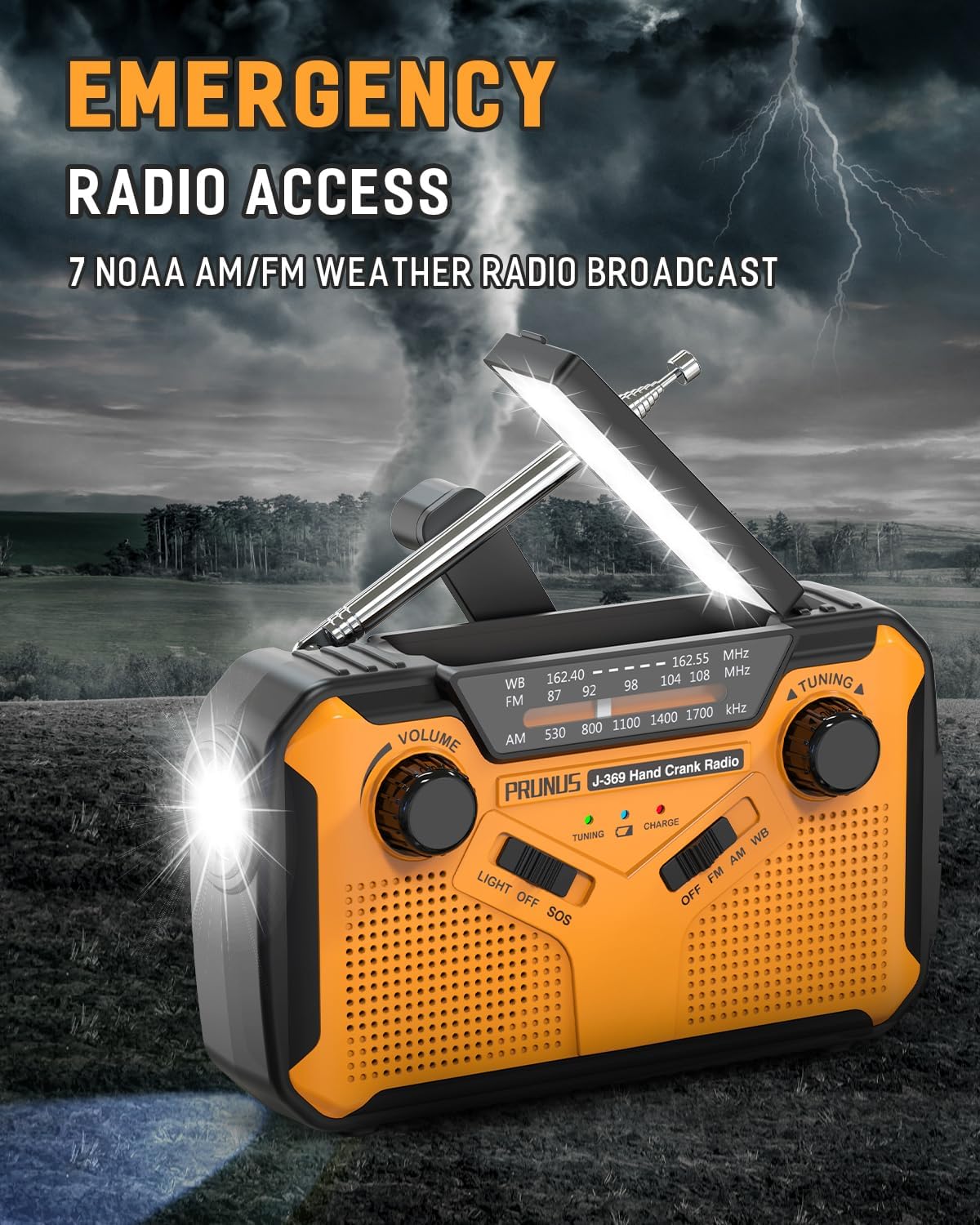 J-369 11100mWh Emergency Weather Radio NOAA/AM/FM | AA Batteries/Hand Crank/Solar/USB Charging, LED Flashlight and