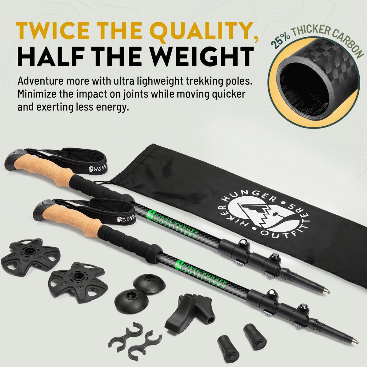 100% Carbon Fiber Trekking Poles by USA Brand - Ultra Strong Lightweight Collapsible Hiking Poles with Cork and EVA