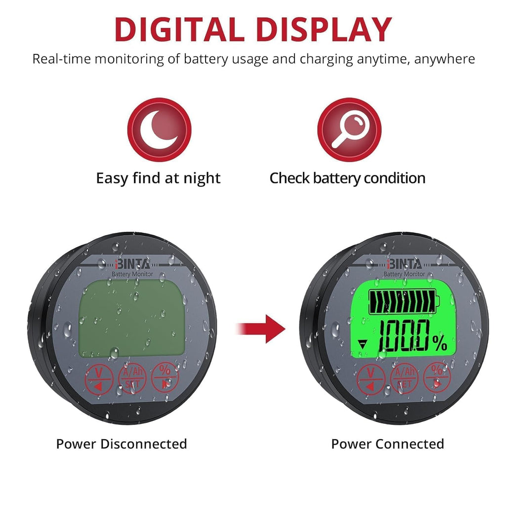 Battery Monitor with Shunt 8-120V 0-500A Voltmeter Ammeter Backlight | Voltage Current Meter, Waterproof Battery