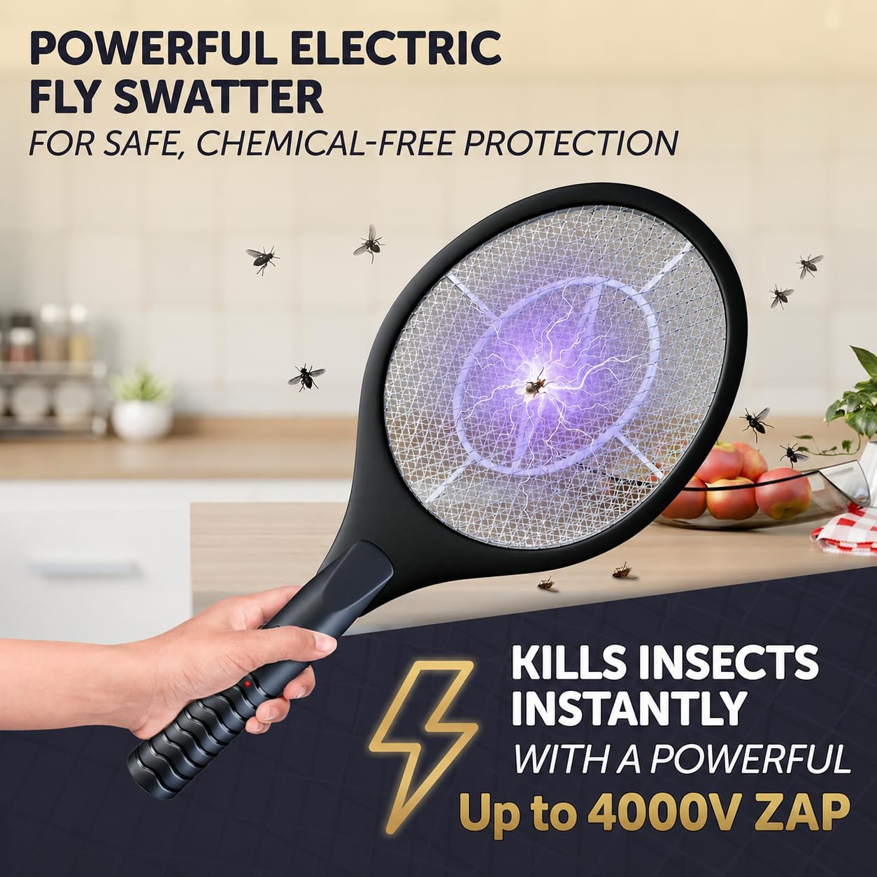 Bug Zapper Racket, Electric Fly Swatter for Mosquitoes, Flies, and Flying Insects, 18 Inch Handheld Battery Powered