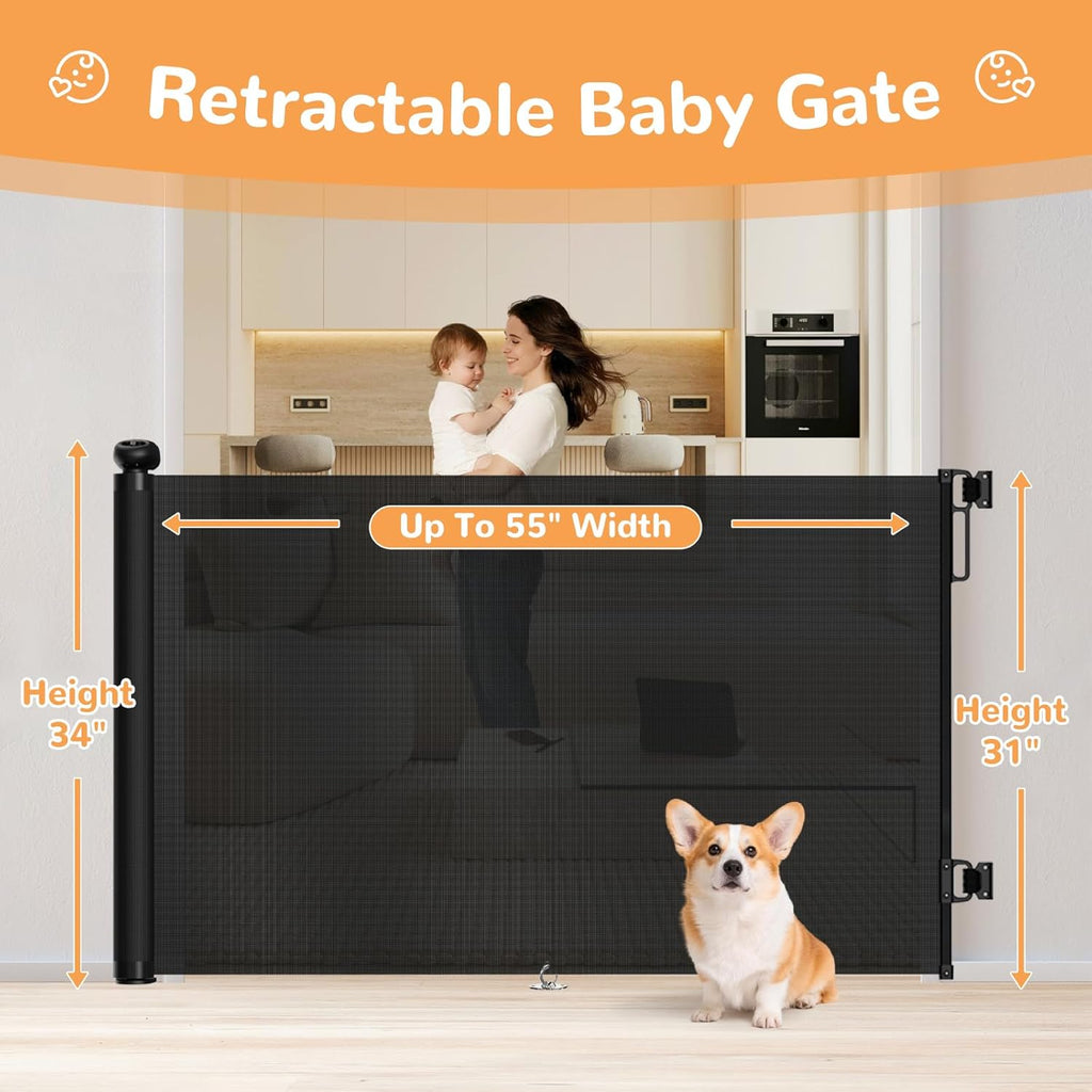 Retractable Baby Gate for Stairs & Doorways, 34" Tall Extends to 55" Wide, Mesh Baby & Pet Gate with Anti-Crawling